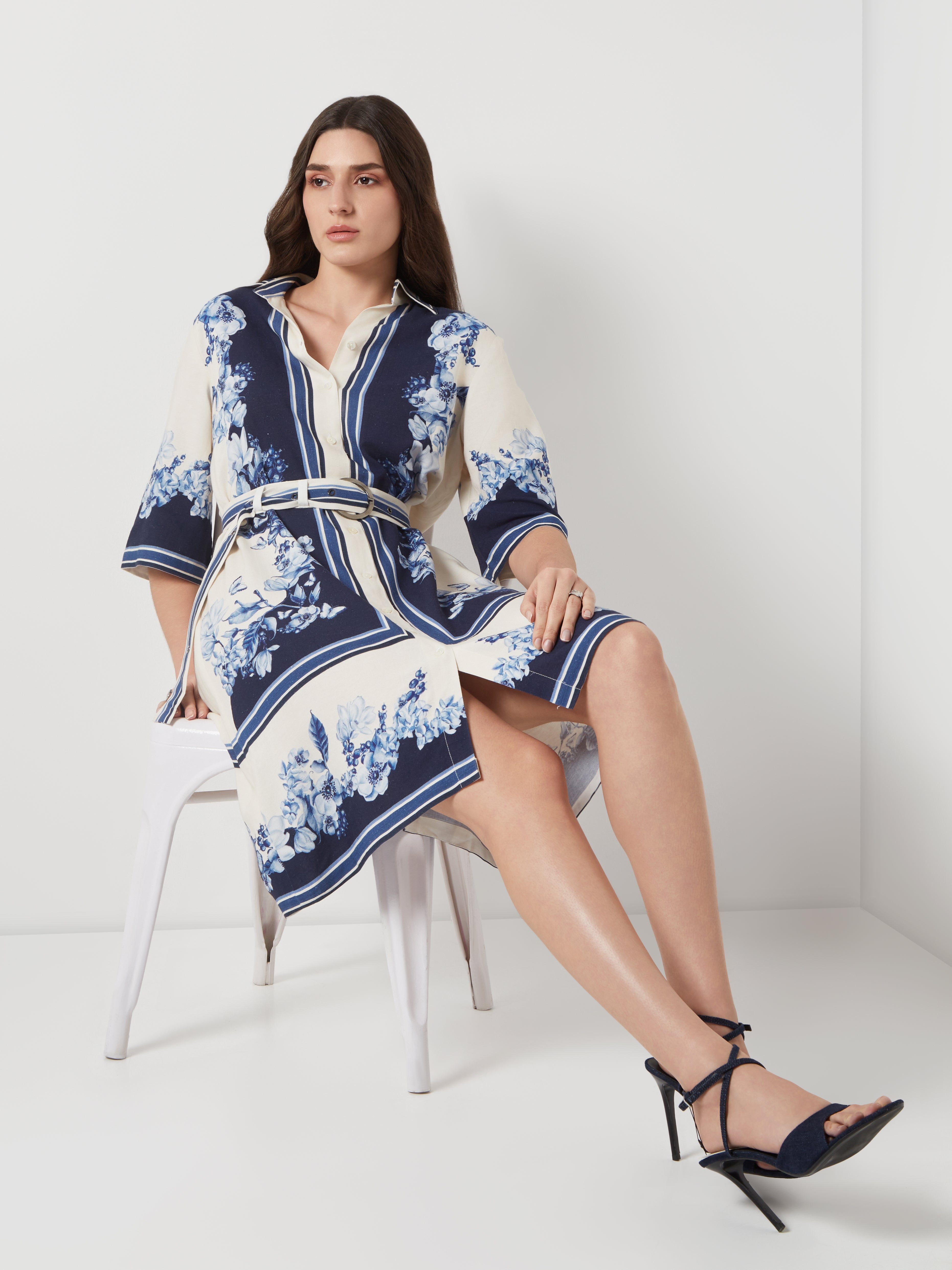 Blue Creame Blocked Shirt Dress