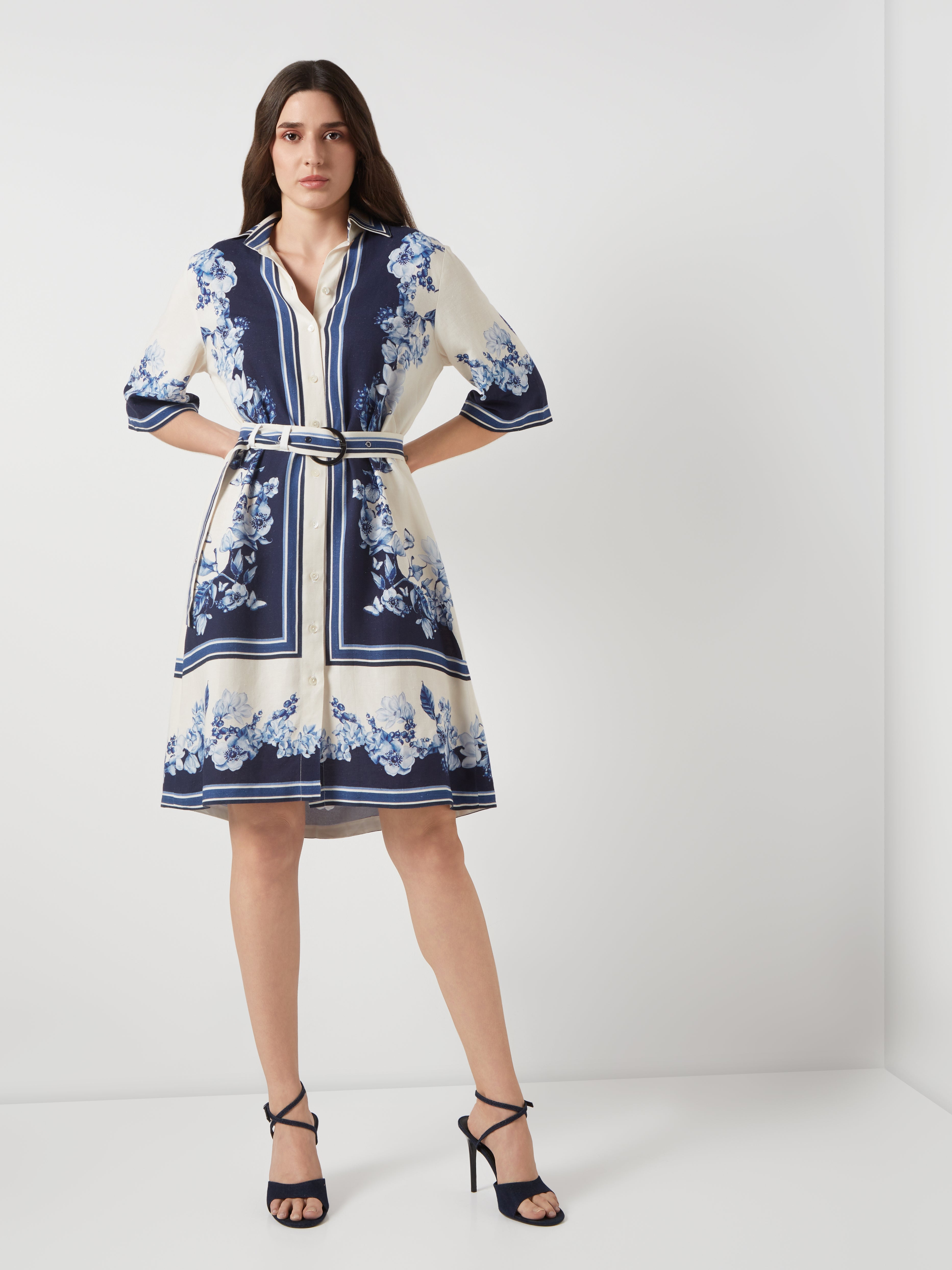 Blue Creame Blocked Shirt Dress