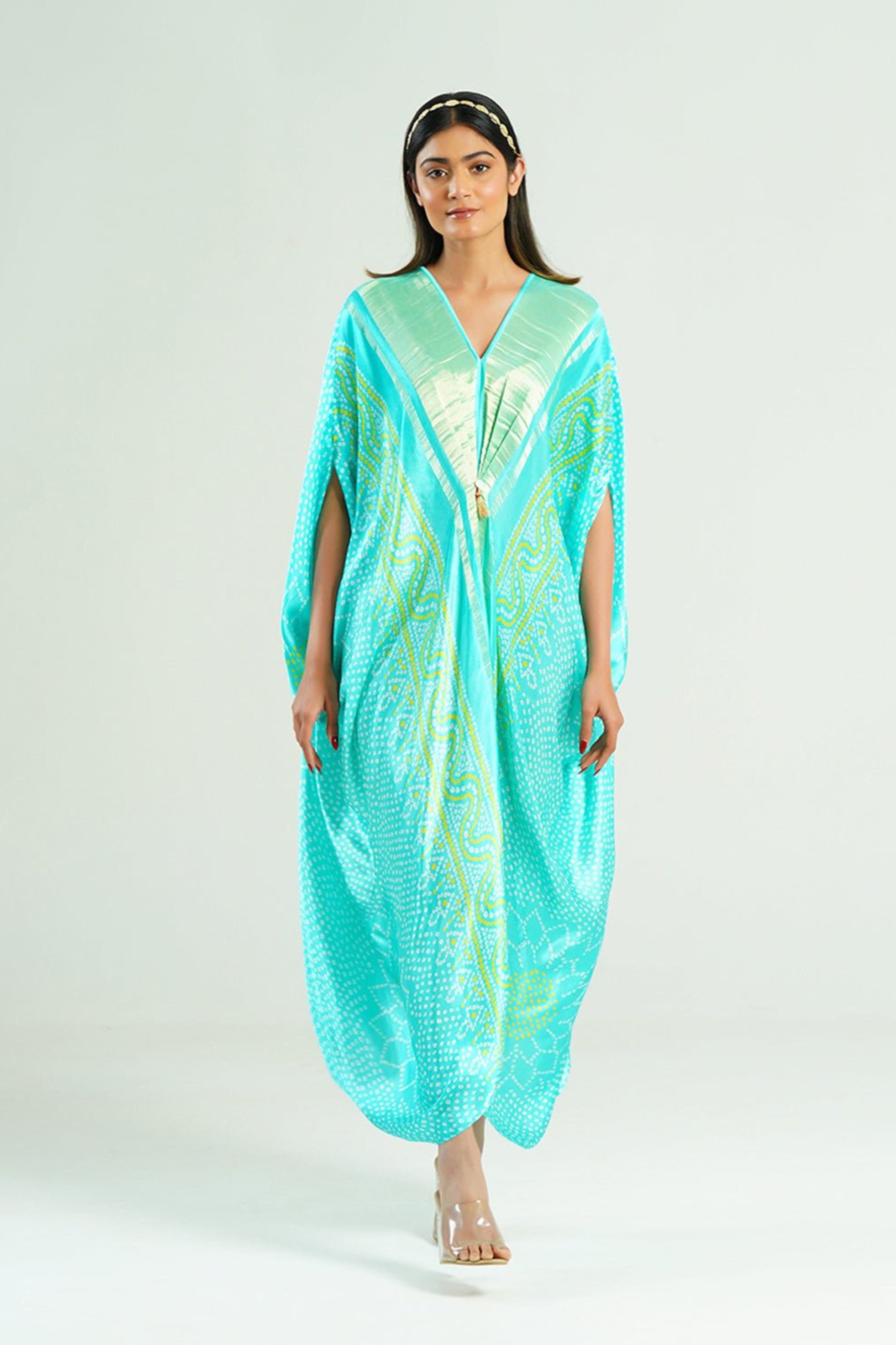 Bandhej Kaftan In Aquamarine & Gold