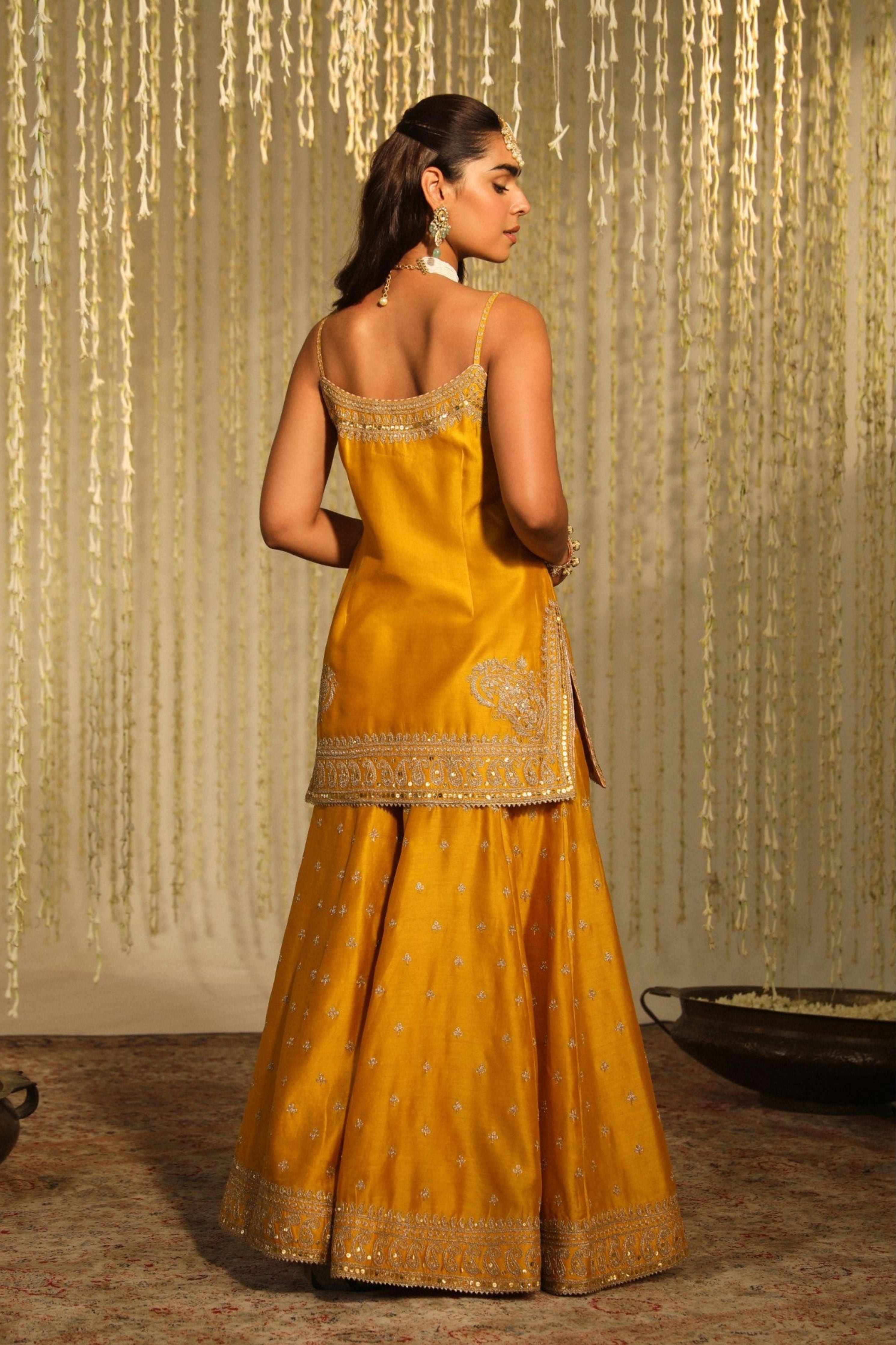 Aabroo Glaze Mustard Short Kurta With Sharara And Dupatta