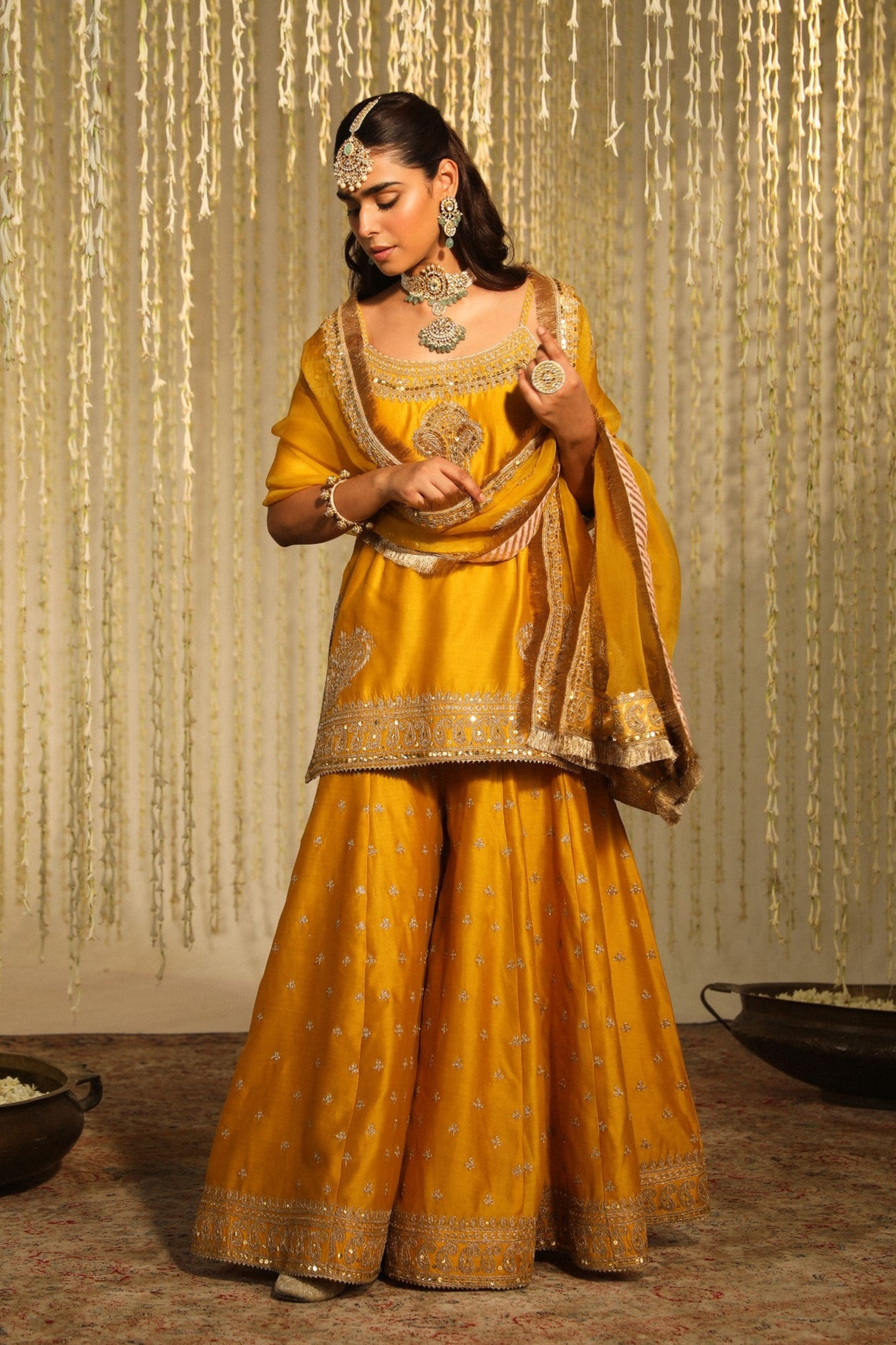 Aabroo Glaze Mustard Short Kurta With Sharara And Dupatta