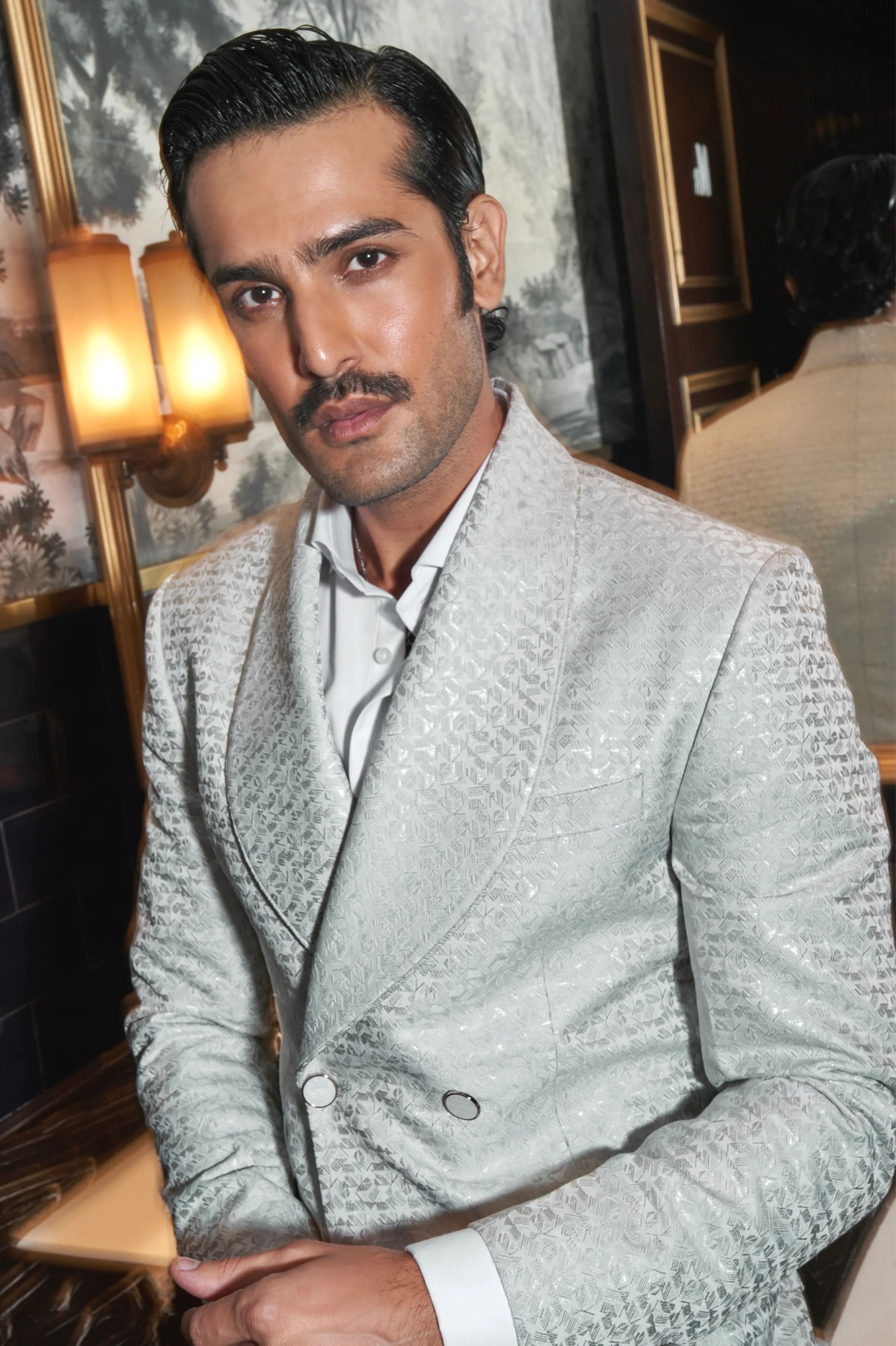 Taaha Shah in Silver Sterling Shawl Lapel Tuxedo Set