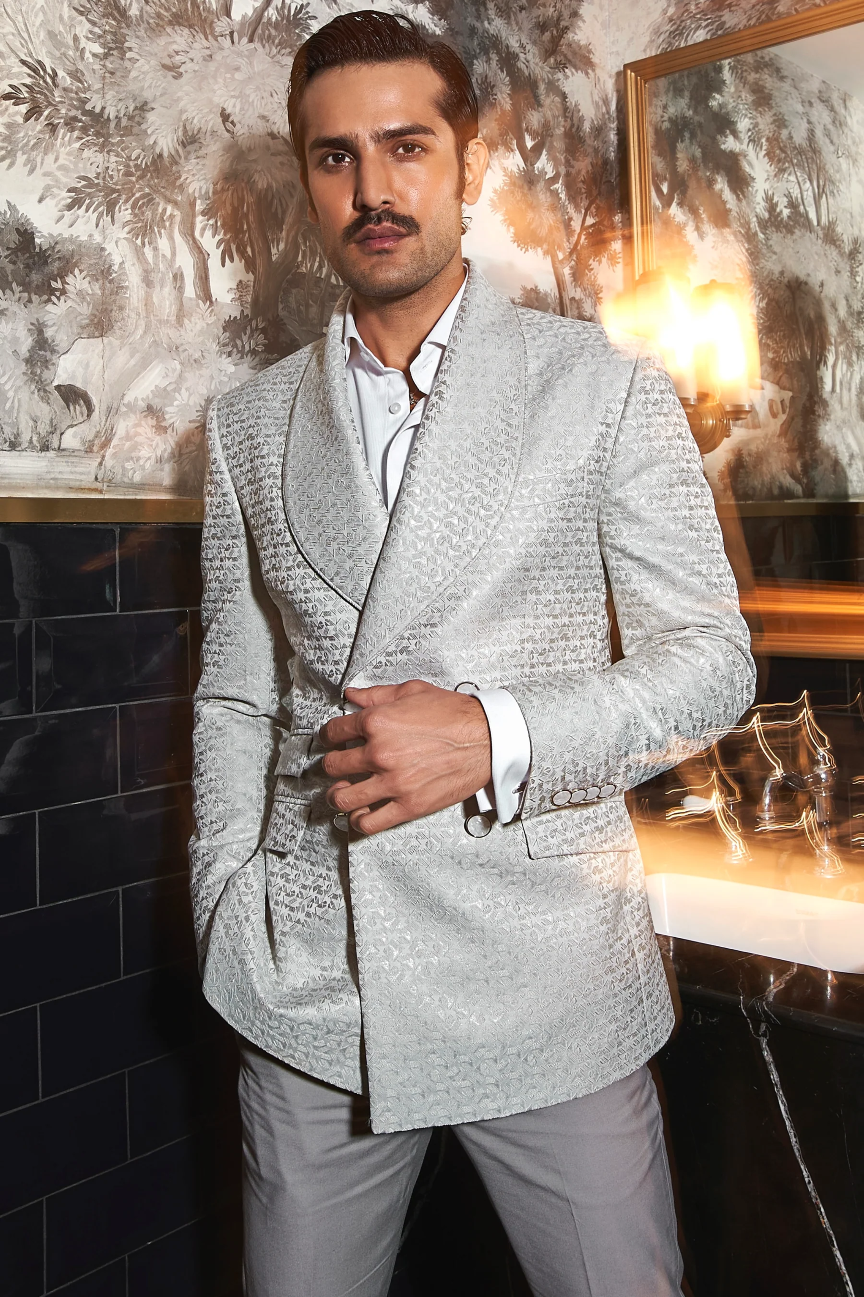 Taaha Shah in Silver Sterling Shawl Lapel Tuxedo Set