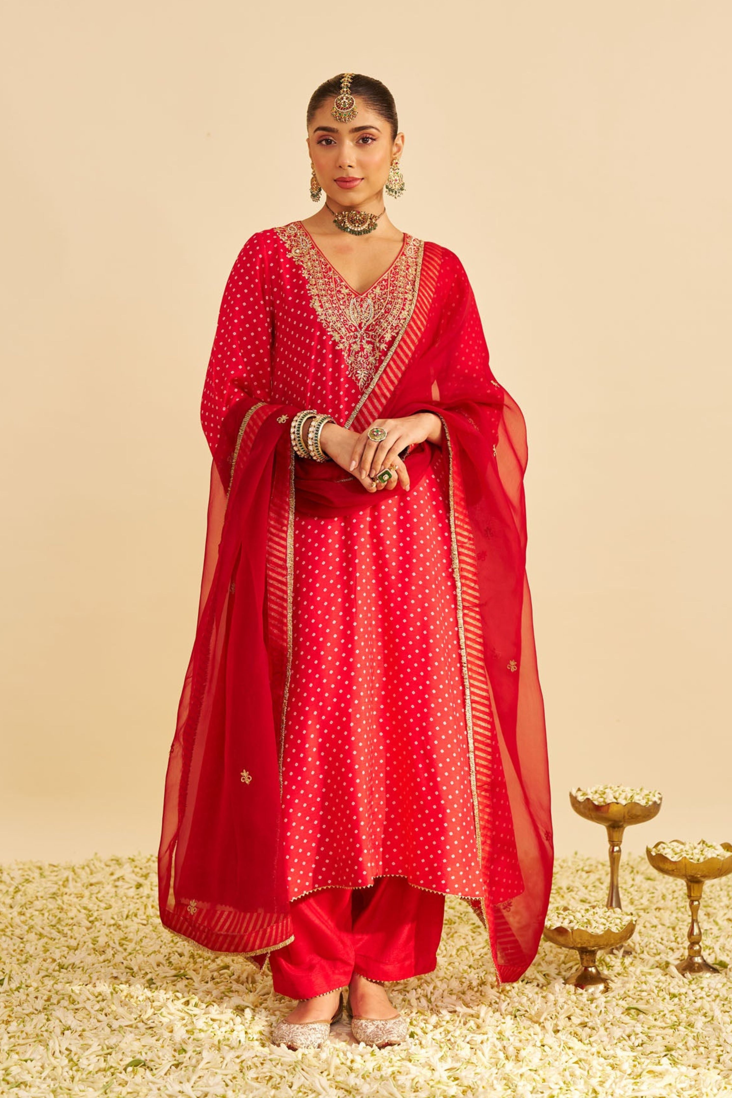 Zaliyah Red Long Choga With Salwar And Dupatta