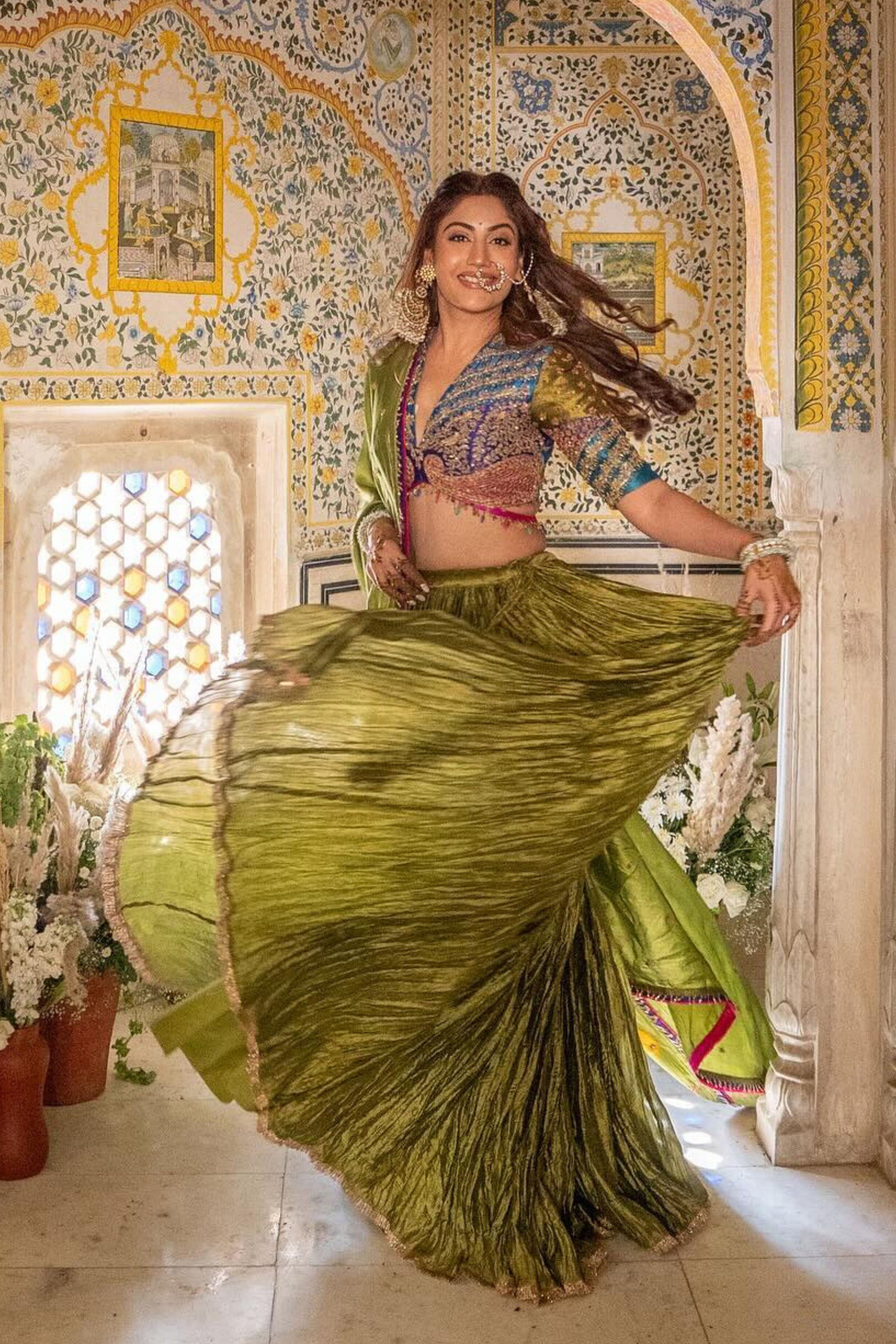 Surbhi Chandna In Multi Colour Bird Embroidered Crushed Lehenga