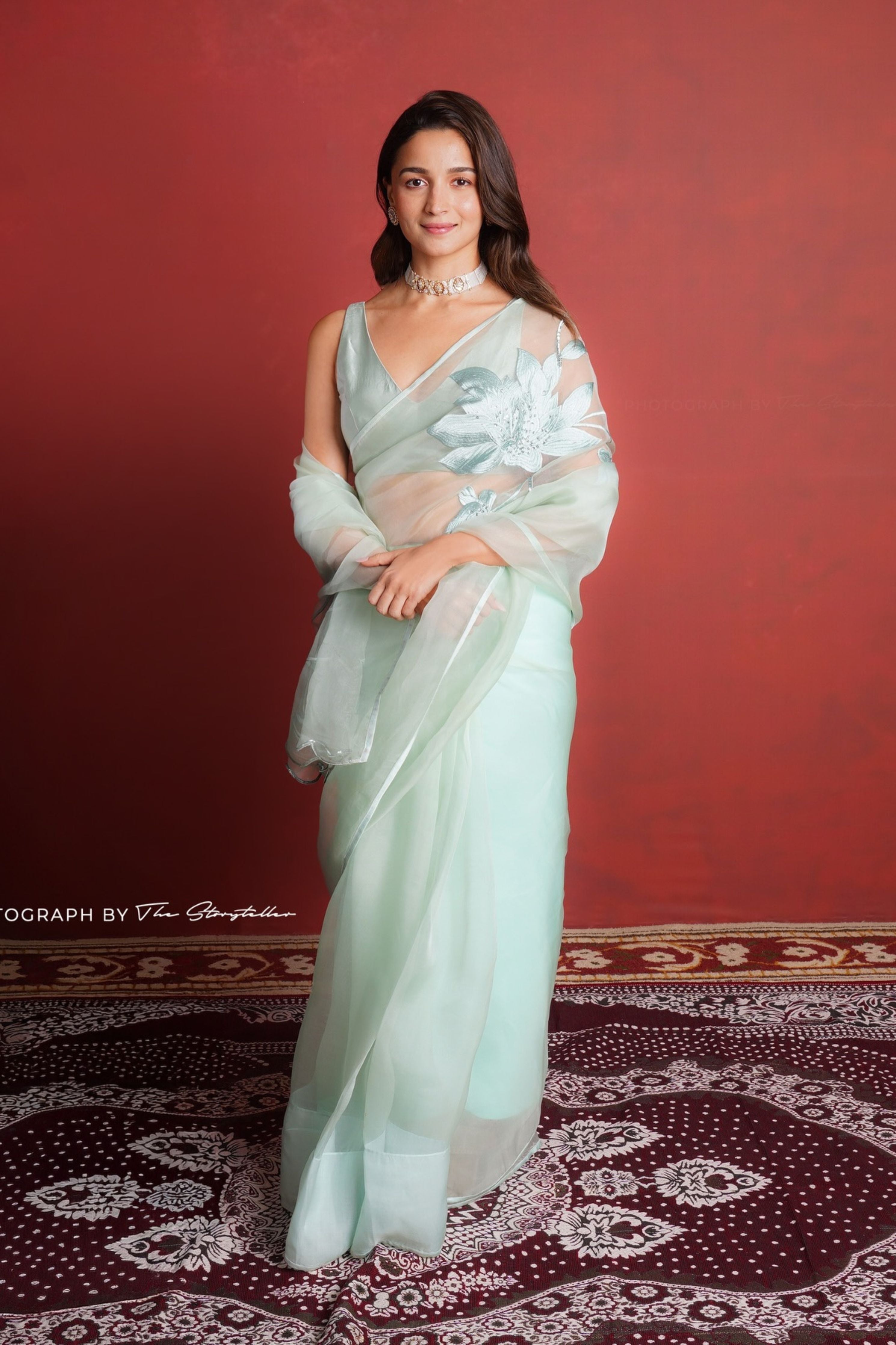 Alia Bhat In Sage Green Silk Organza Resham & Sequin Sari Set