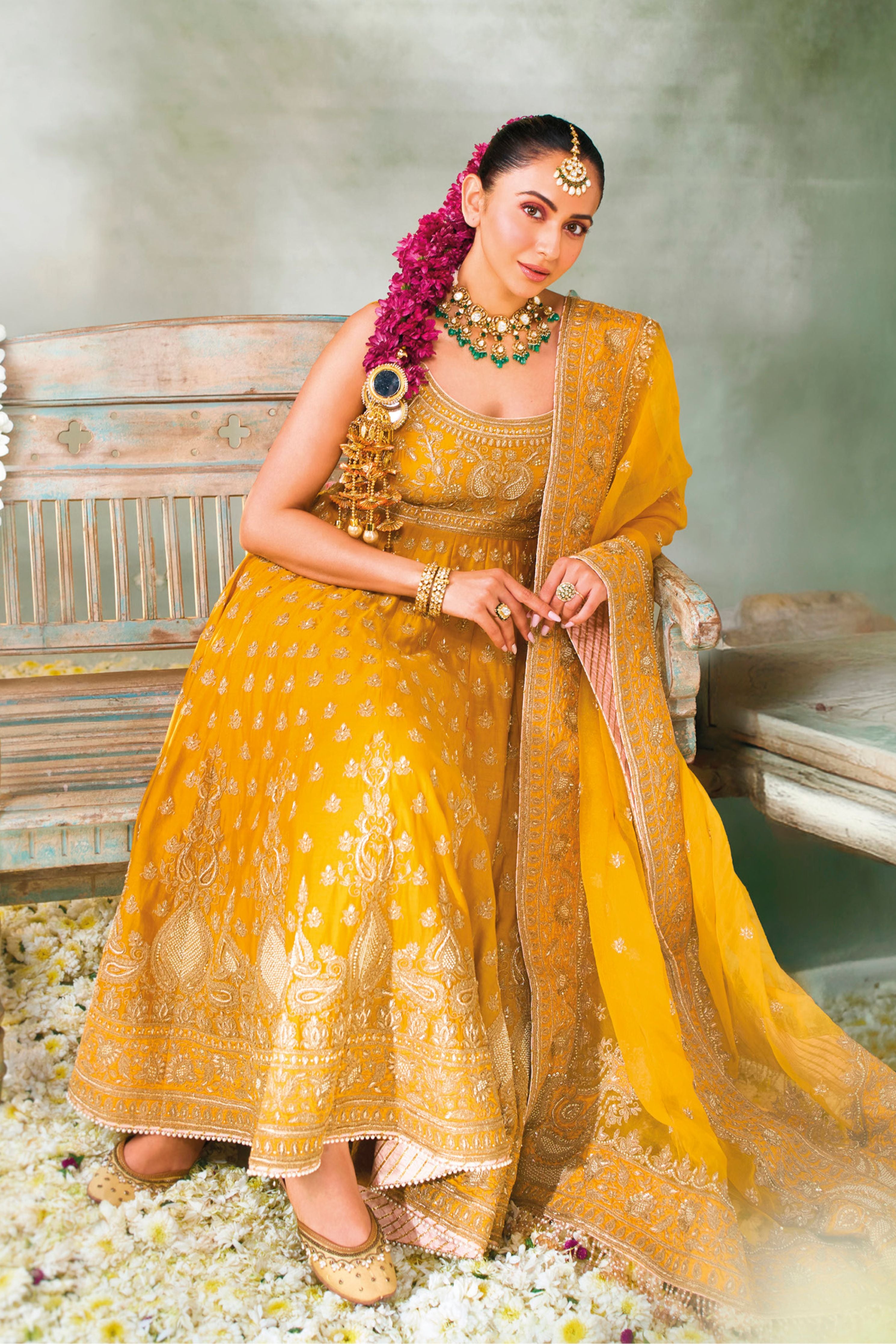 Rakul Preet Singh In Afraa - Mustard Anarkali Set With Palazzo & Dupatta