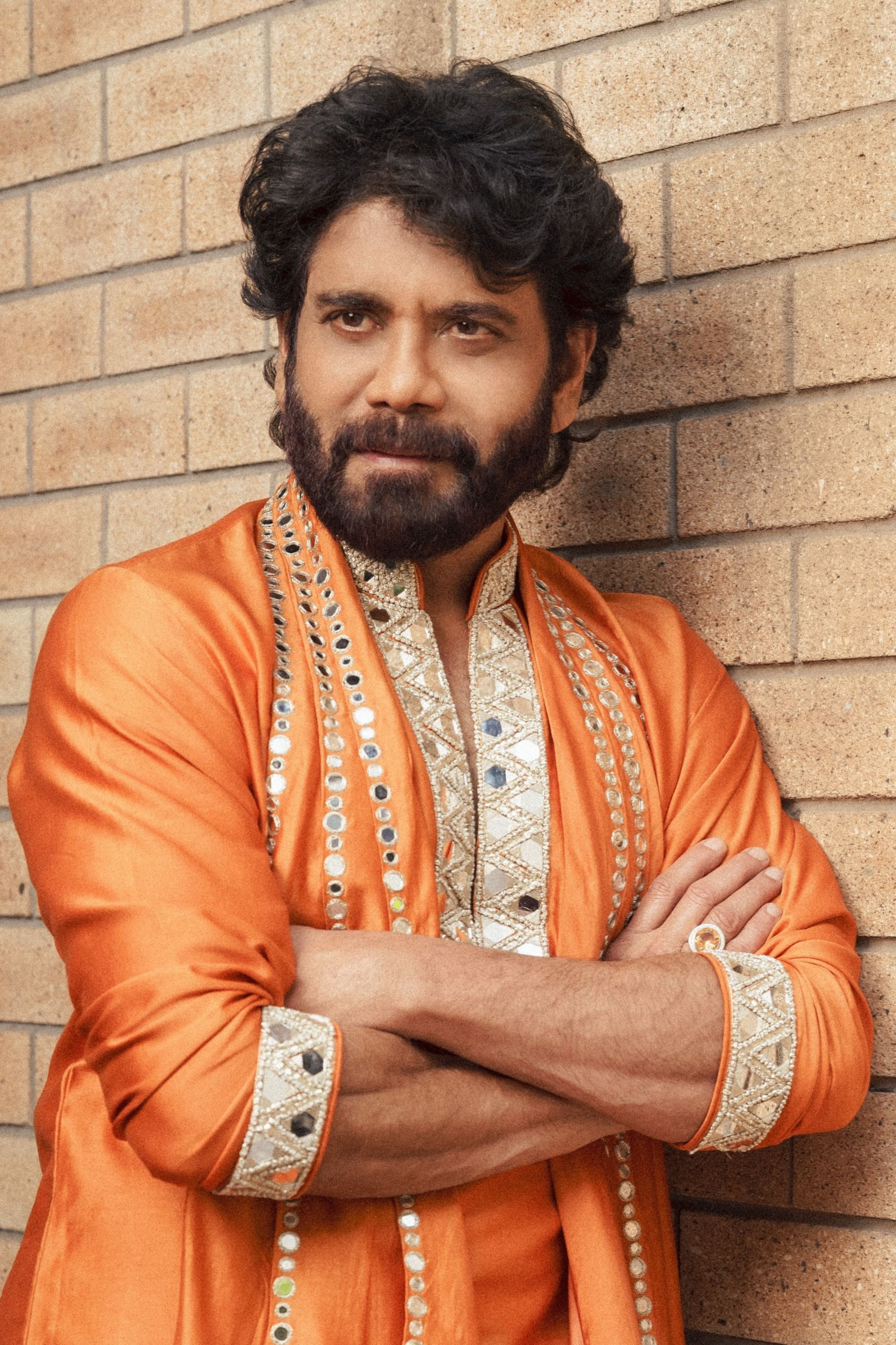 Nagarjuna In Linear Rust Stole Set