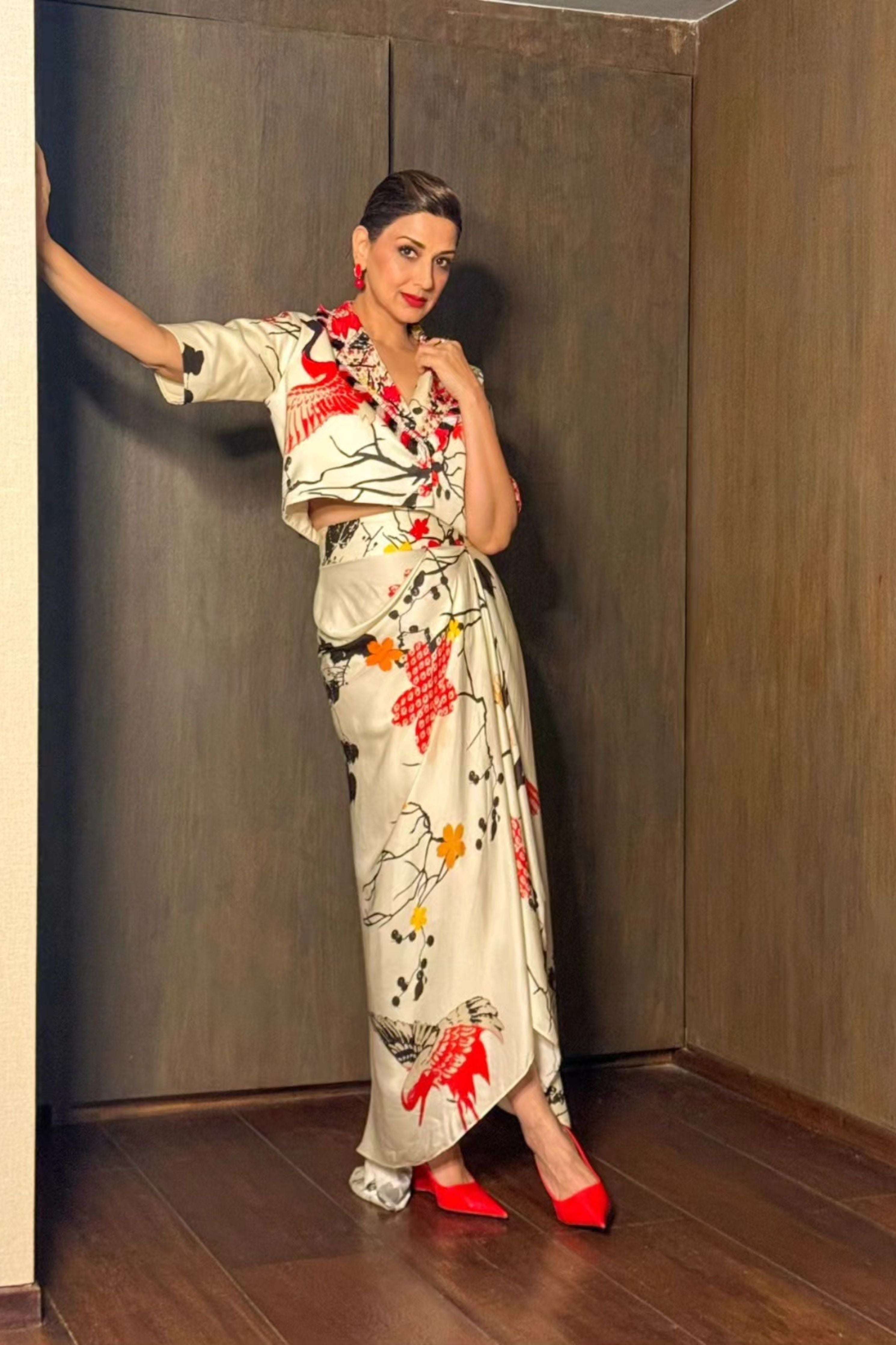 Sonali Bendre In Red Blazer and Drape Skirt