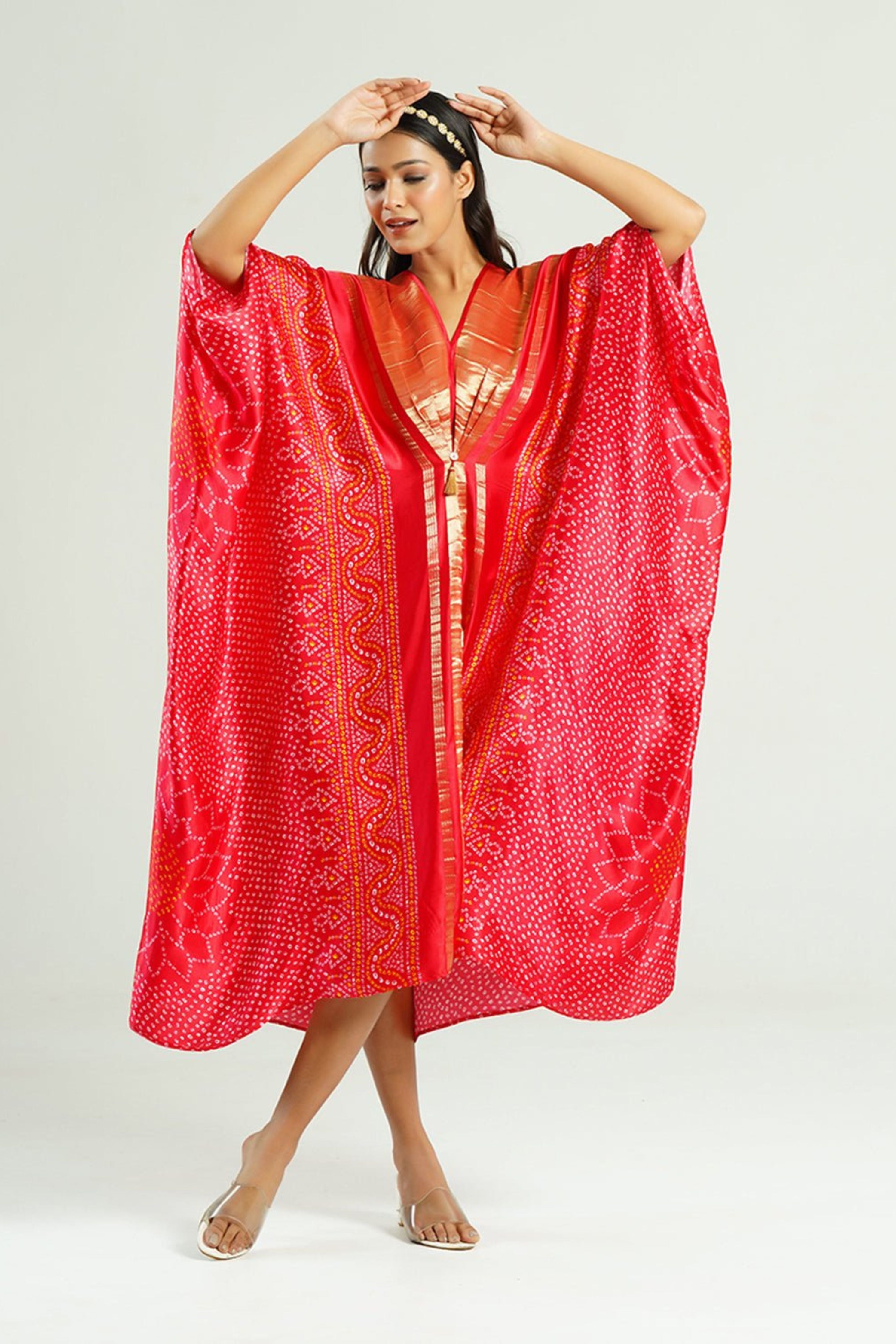 Kaftan Bandhej Red Gold