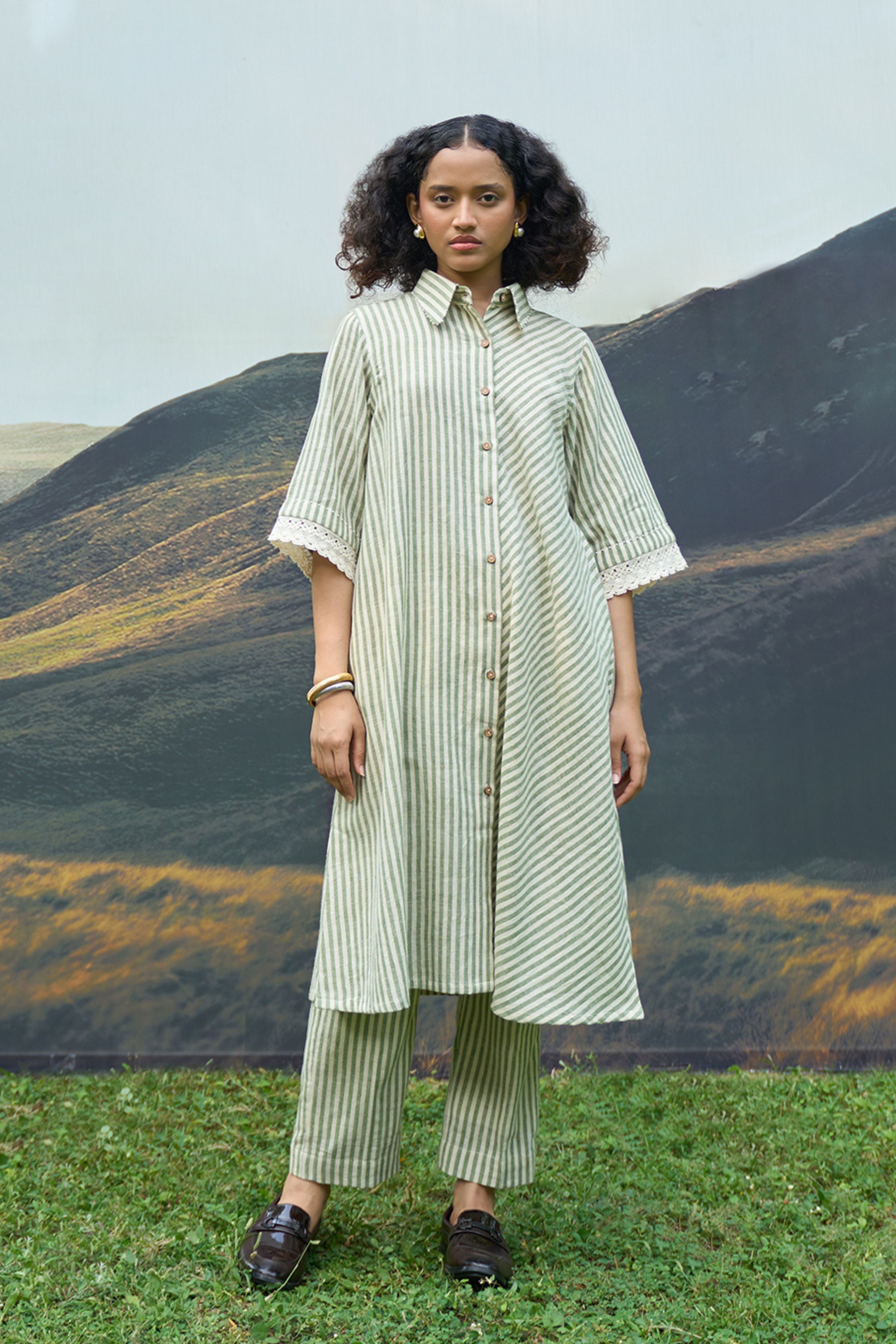 Moss Striped Tent Shirt Dress