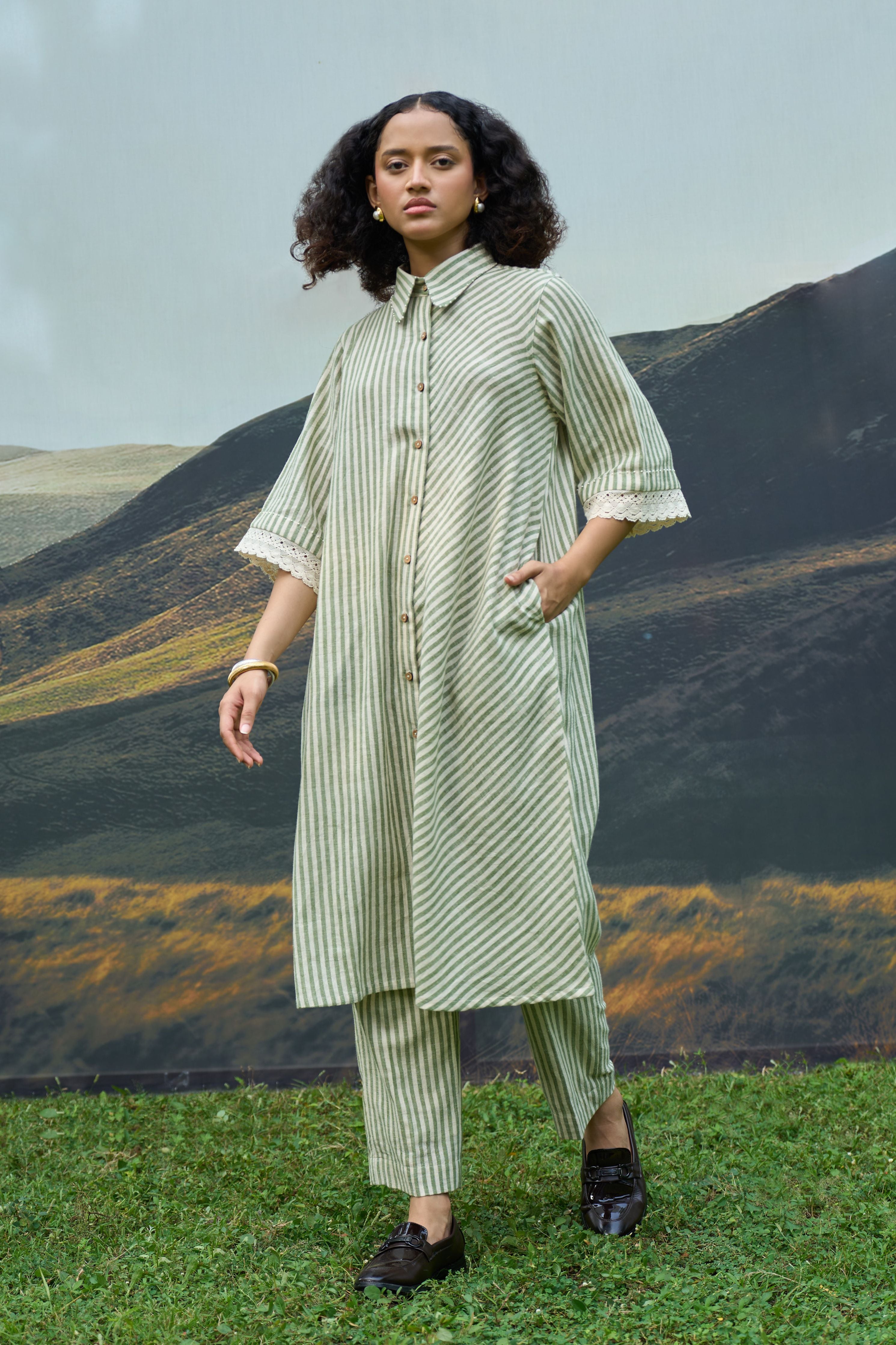 Moss Striped Tent Shirt Dress