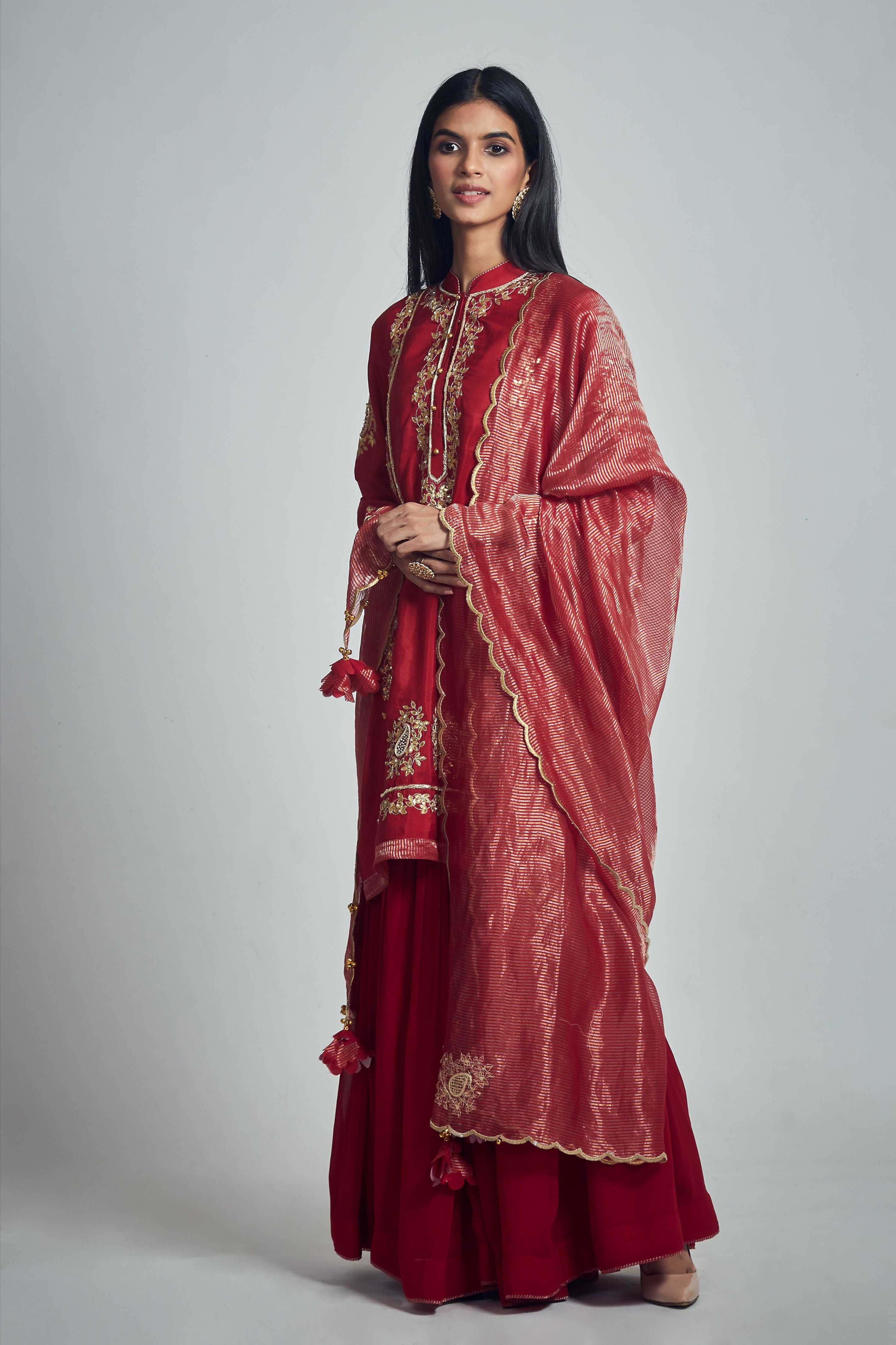 Nasira  Deep Red Habutai Silk Gota Patti Embroidered Kurta With Garara And Dupatta