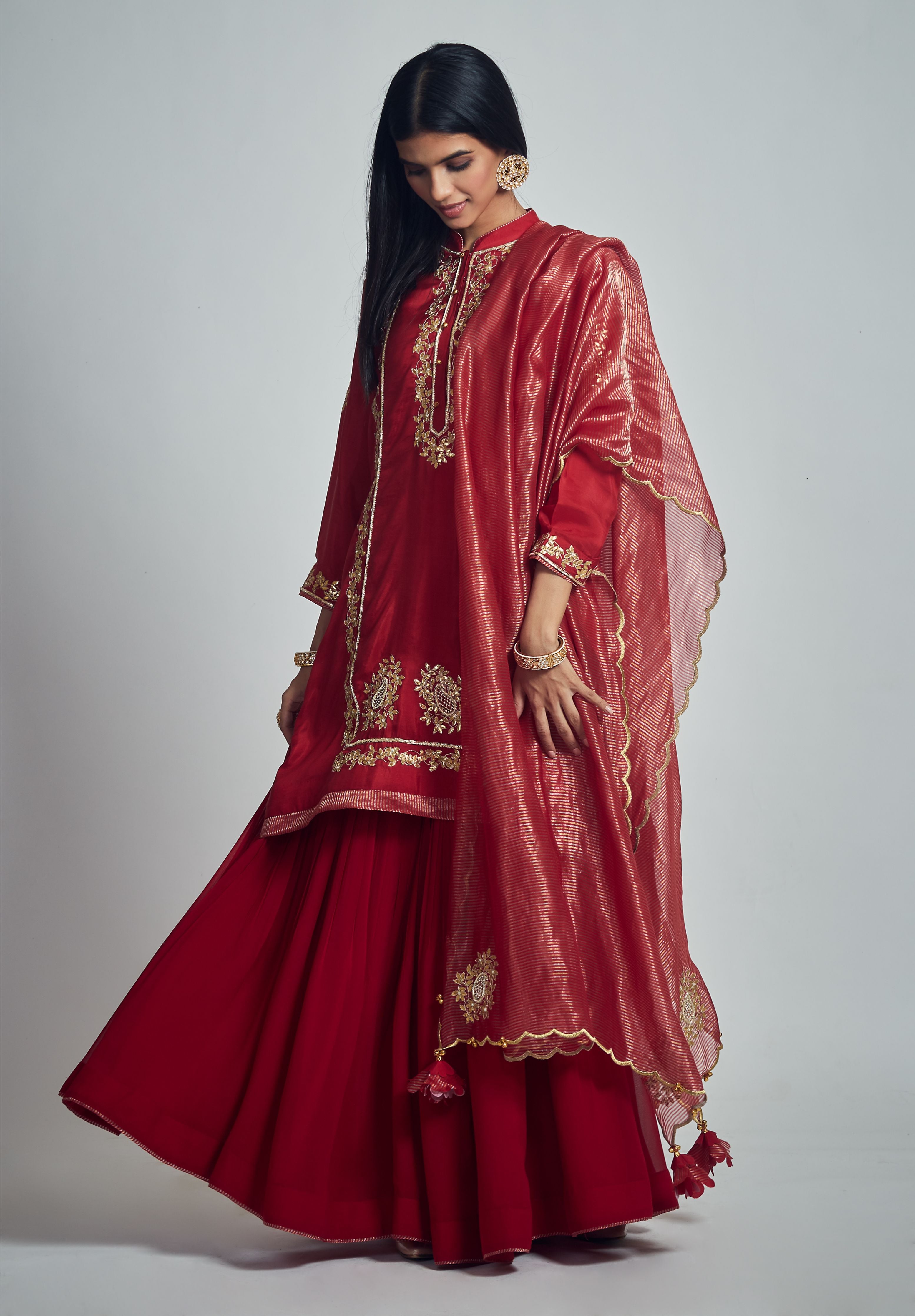 Nasira  Deep Red Habutai Silk Gota Patti Embroidered Kurta With Garara And Dupatta