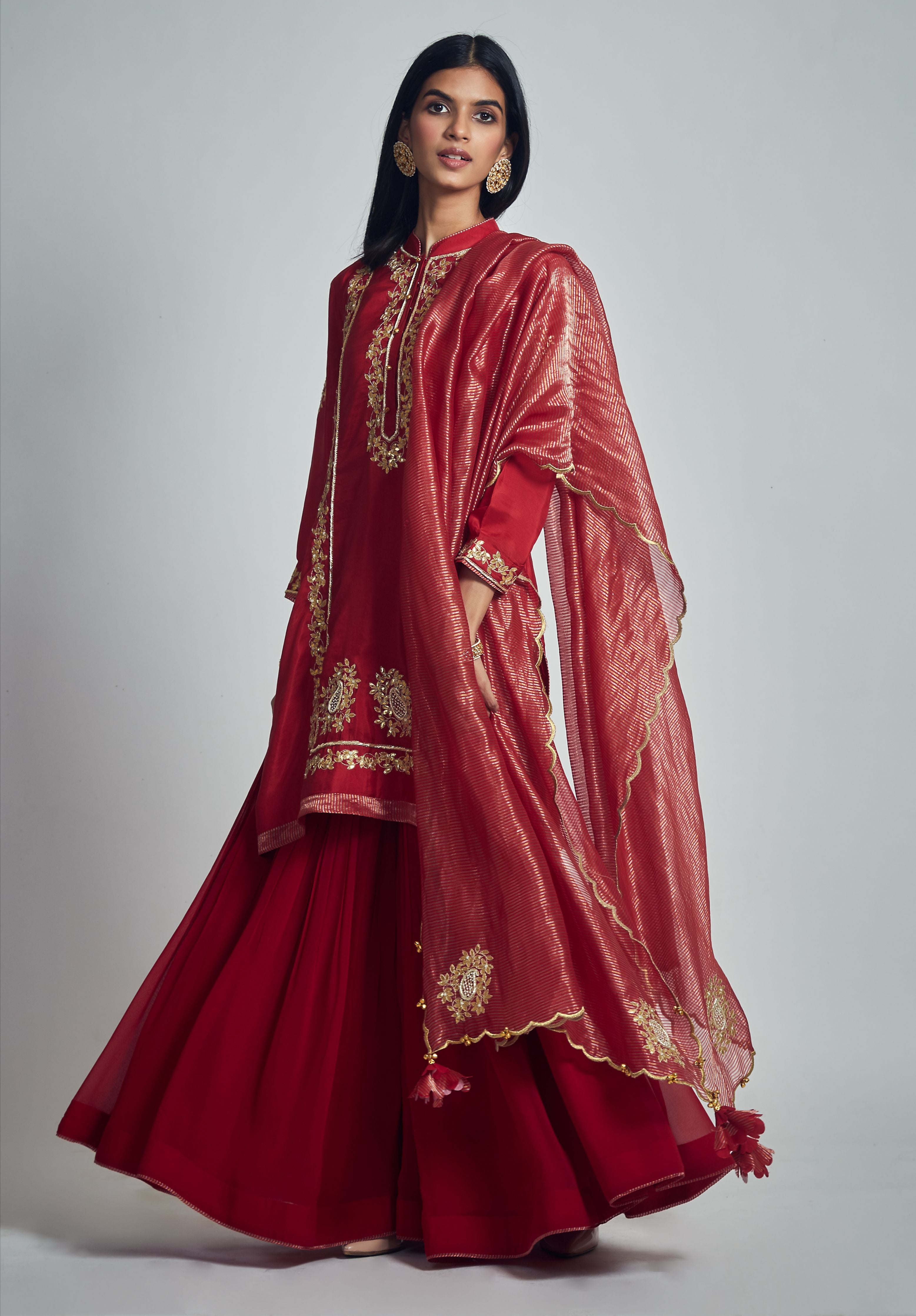 Nasira  Deep Red Habutai Silk Gota Patti Embroidered Kurta With Garara And Dupatta