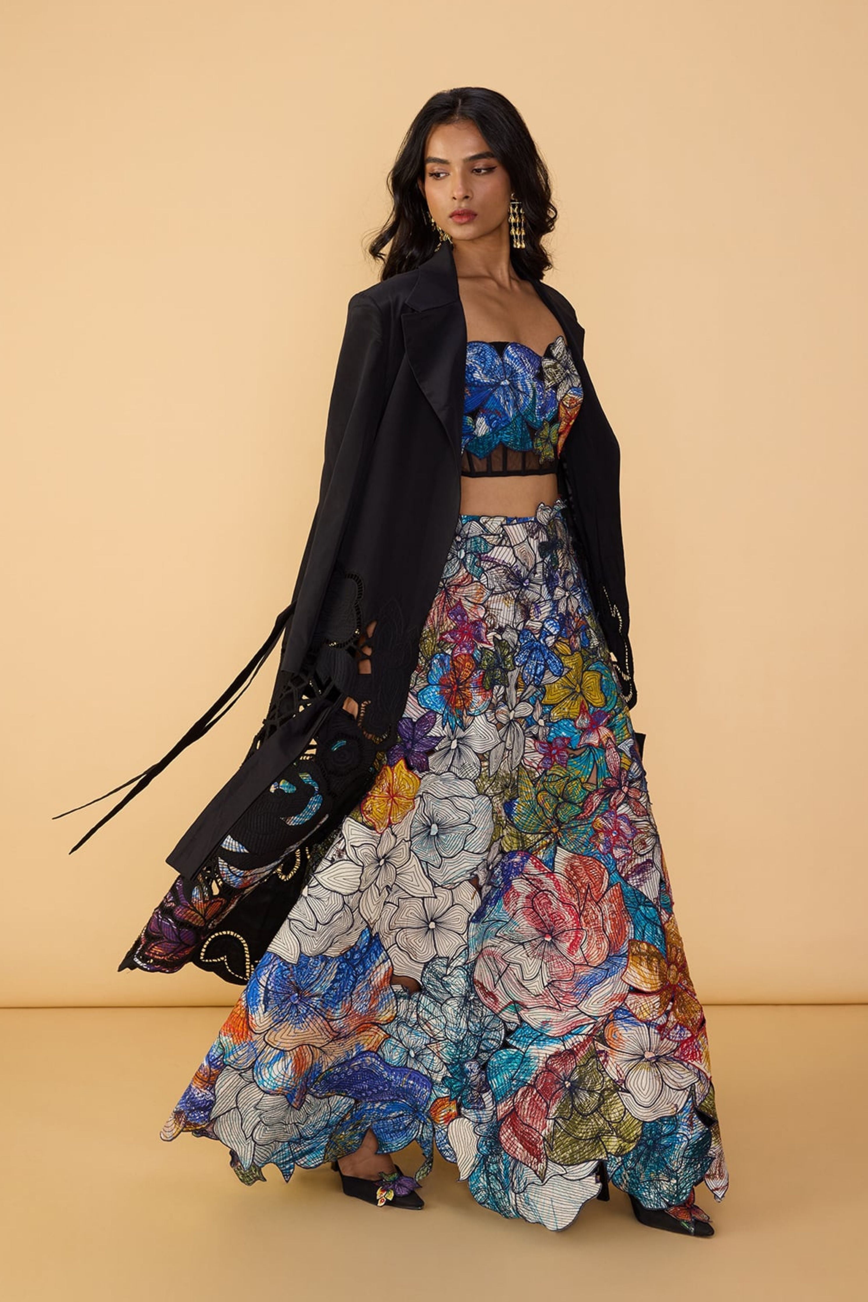 Denzel Trench With Larissa Corset Blouse & Zoya Lehenga Skirt
