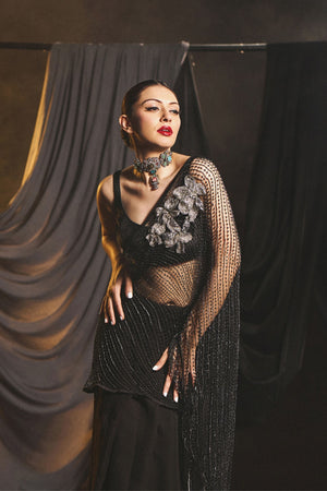 Hansika Motwani in Charcoal Pearl Weave Black Saree