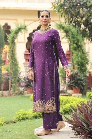 Ahista Purple Mayur Applique Long Kurta Set