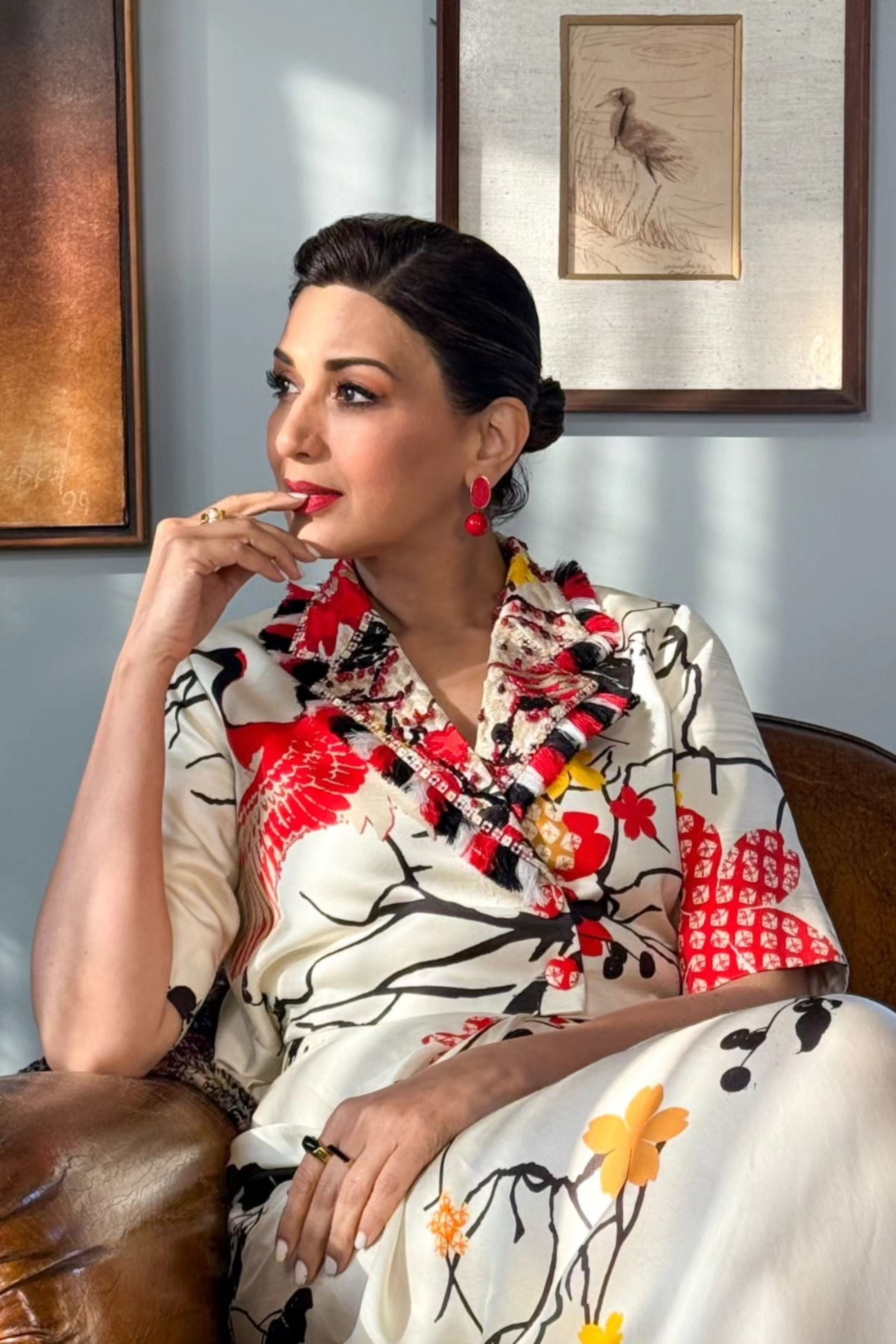 Sonali Bendre In Red Blazer and Drape Skirt