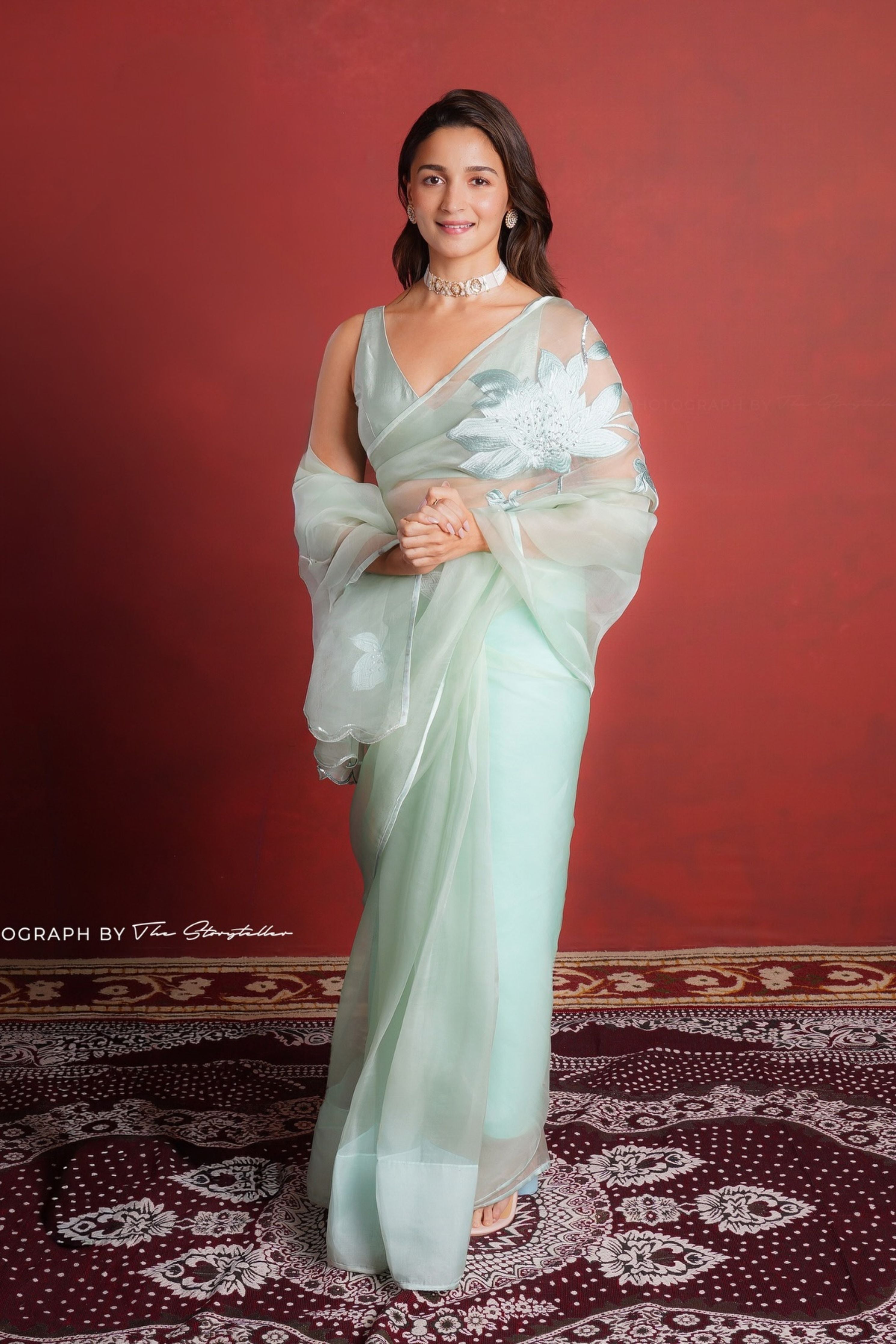 Alia Bhat In Sage Green Silk Organza Resham & Sequin Sari Set