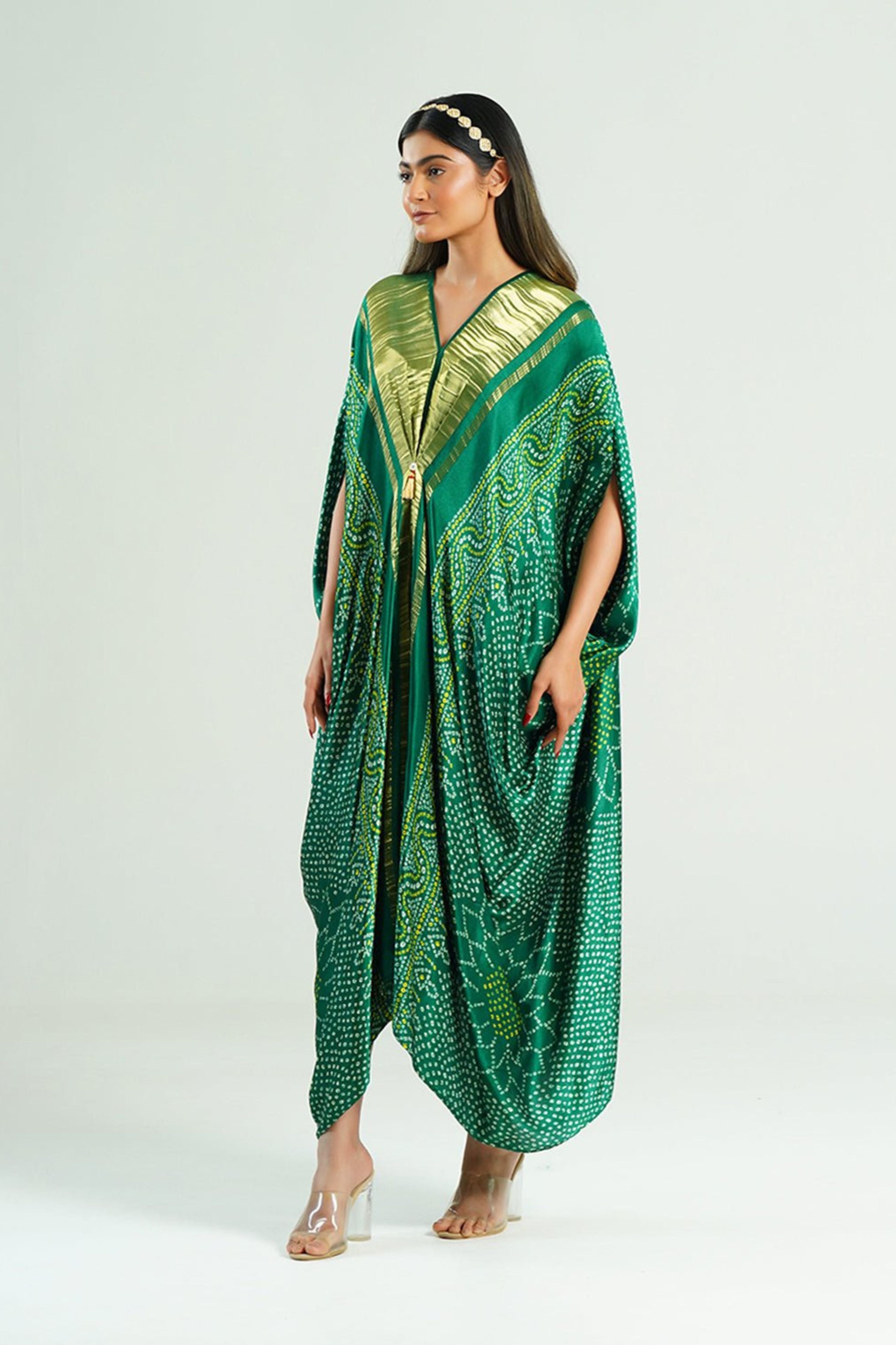 Kaftan Bandhej Emerald Green Gold