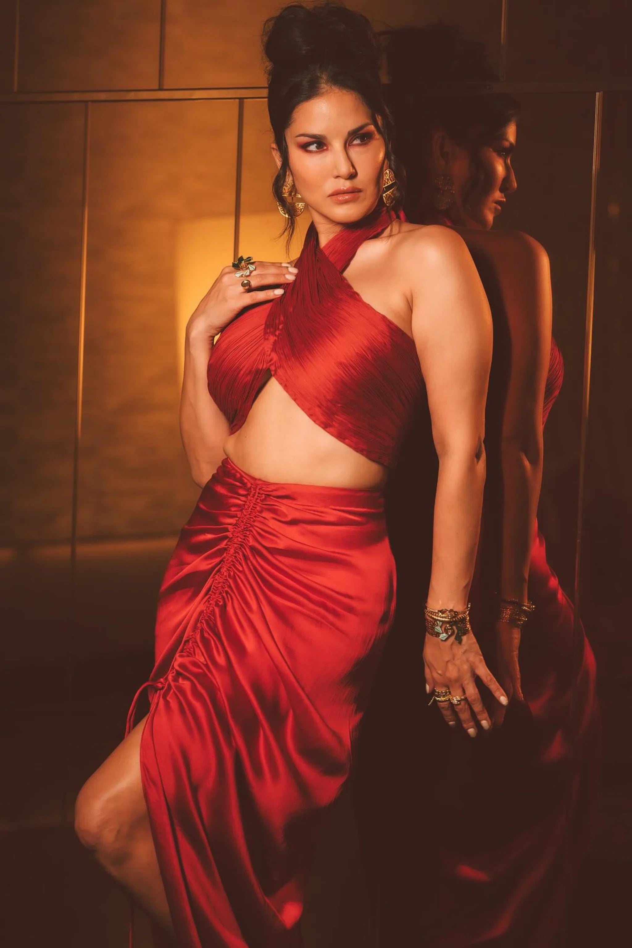 Sunny Leone in Red Hope Halter Numinous Co-Ord Set