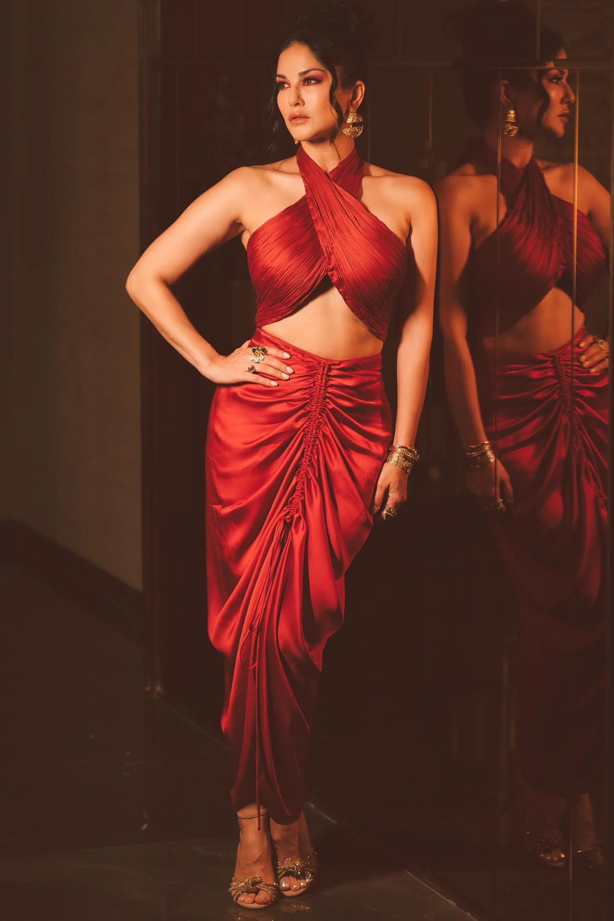 Sunny Leone in Red Hope Halter Numinous Co-Ord Set
