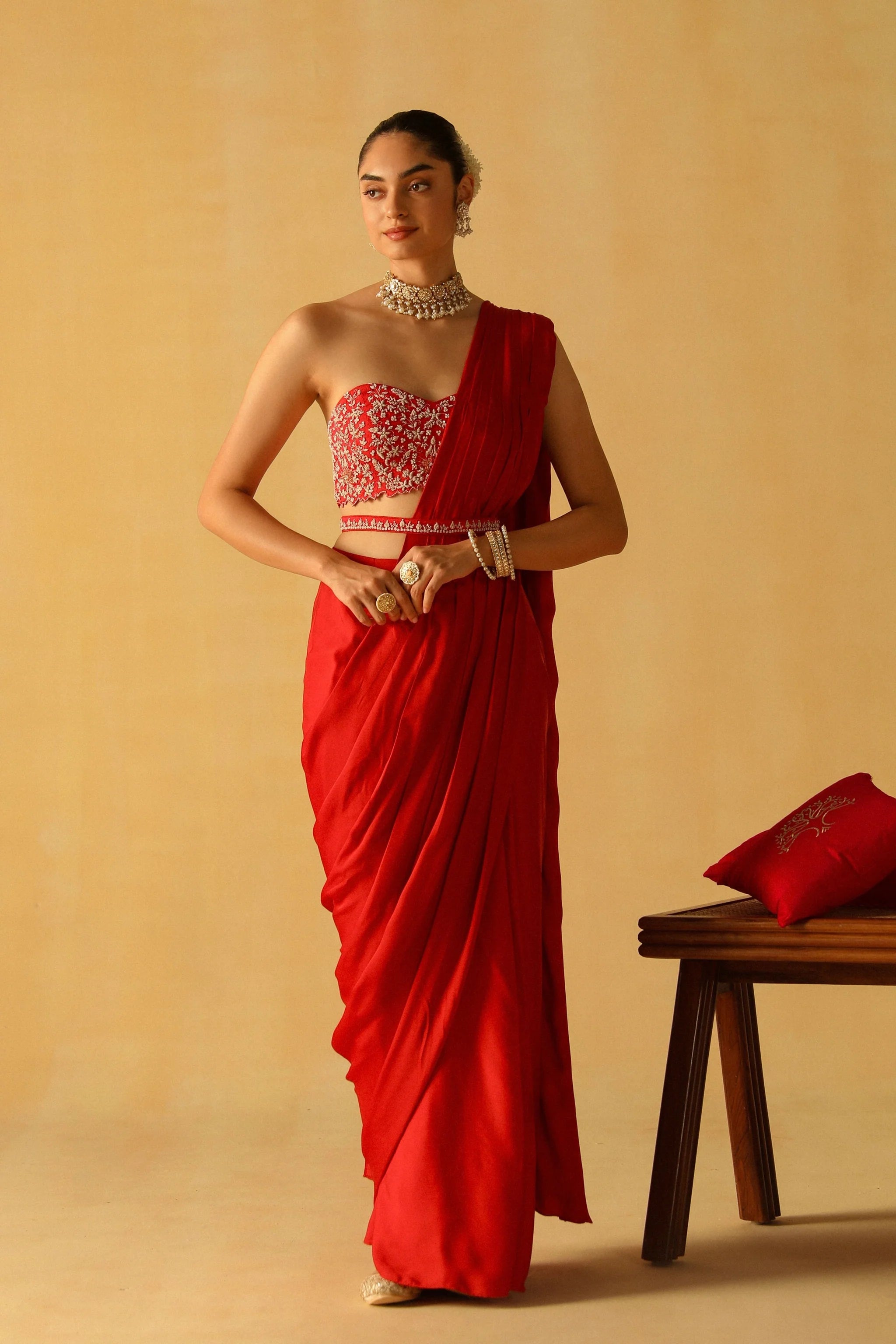 Rumaan Deep Red Drape Saree Set