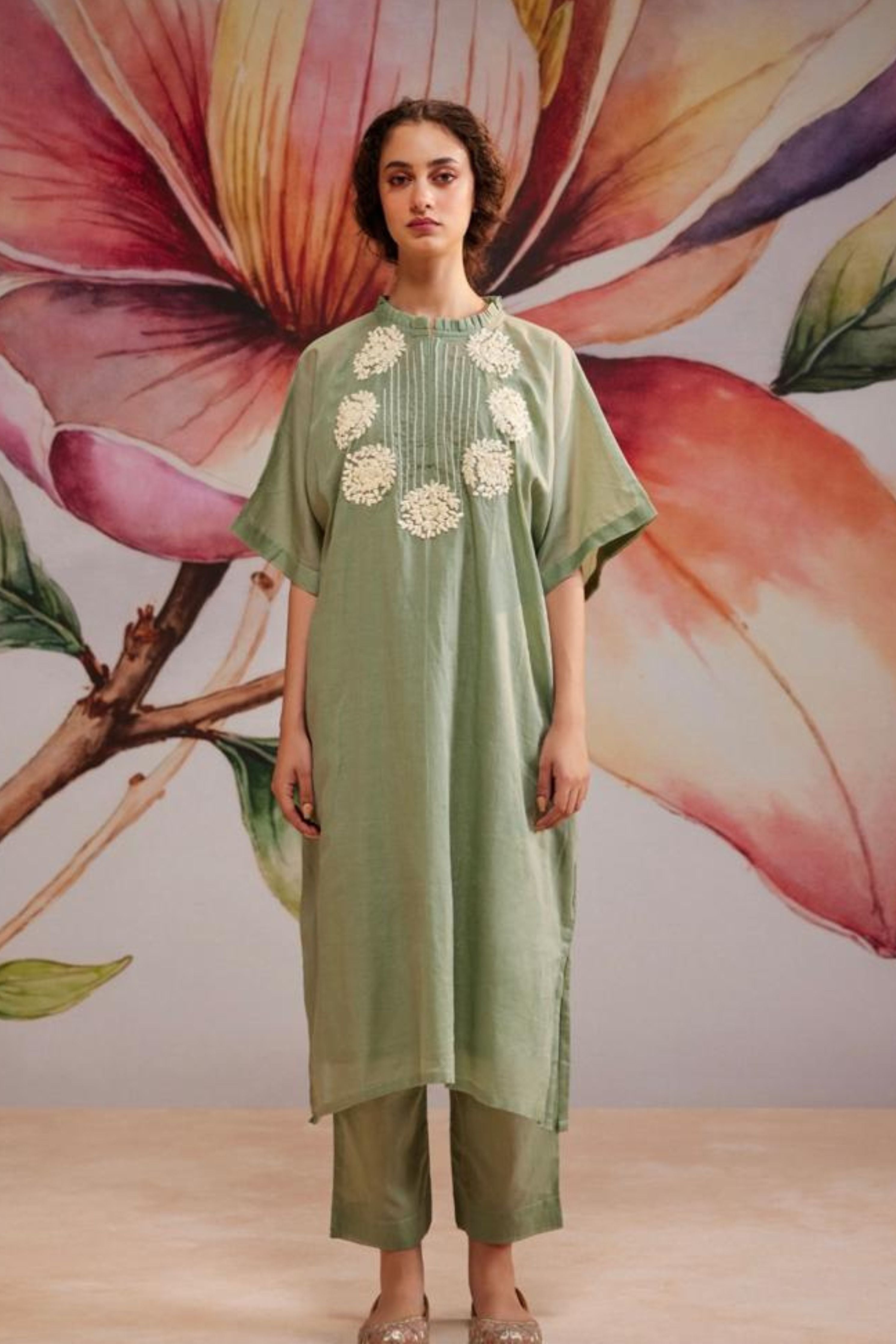 Green Mul Kurta Set
