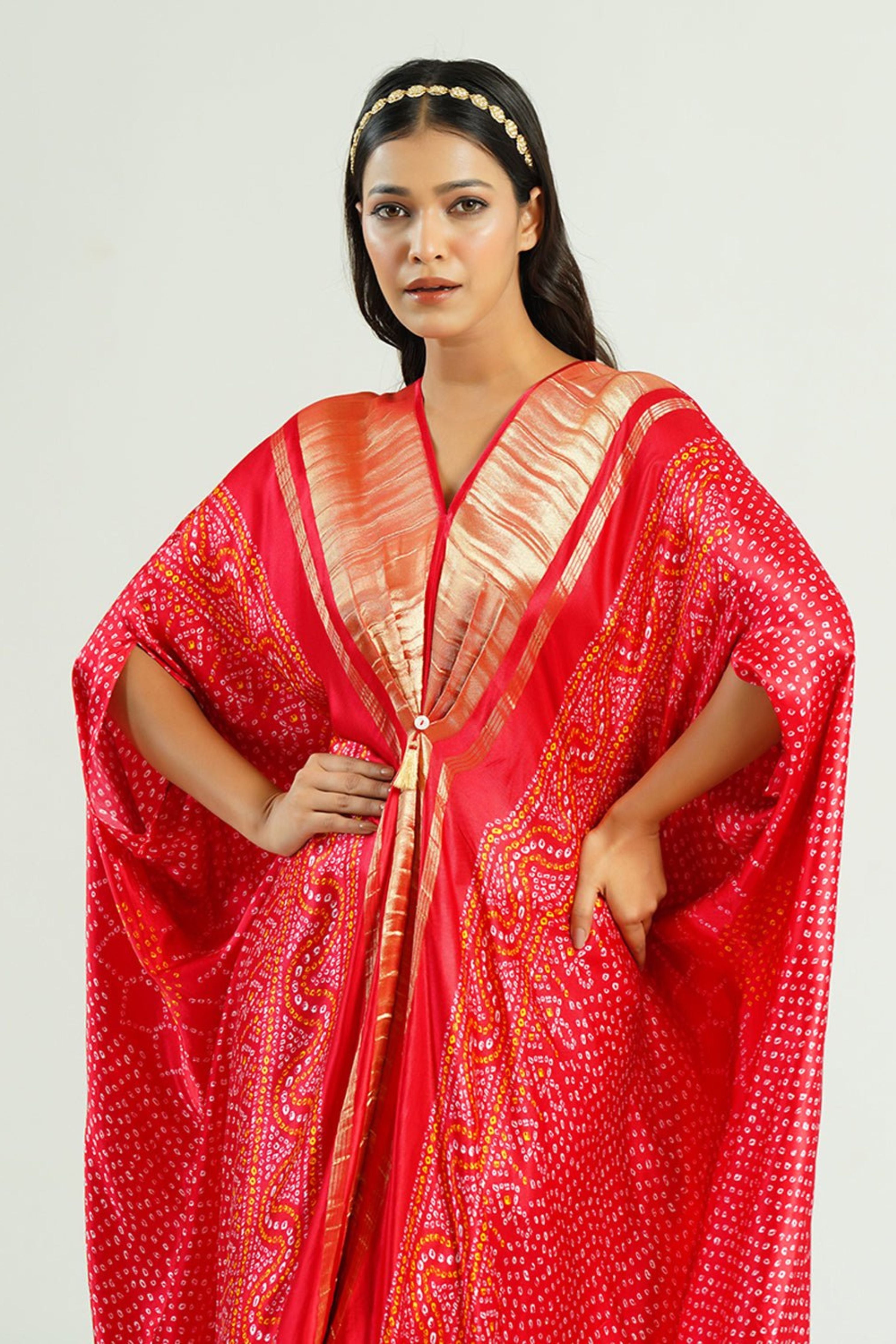 Kaftan Bandhej Red Gold