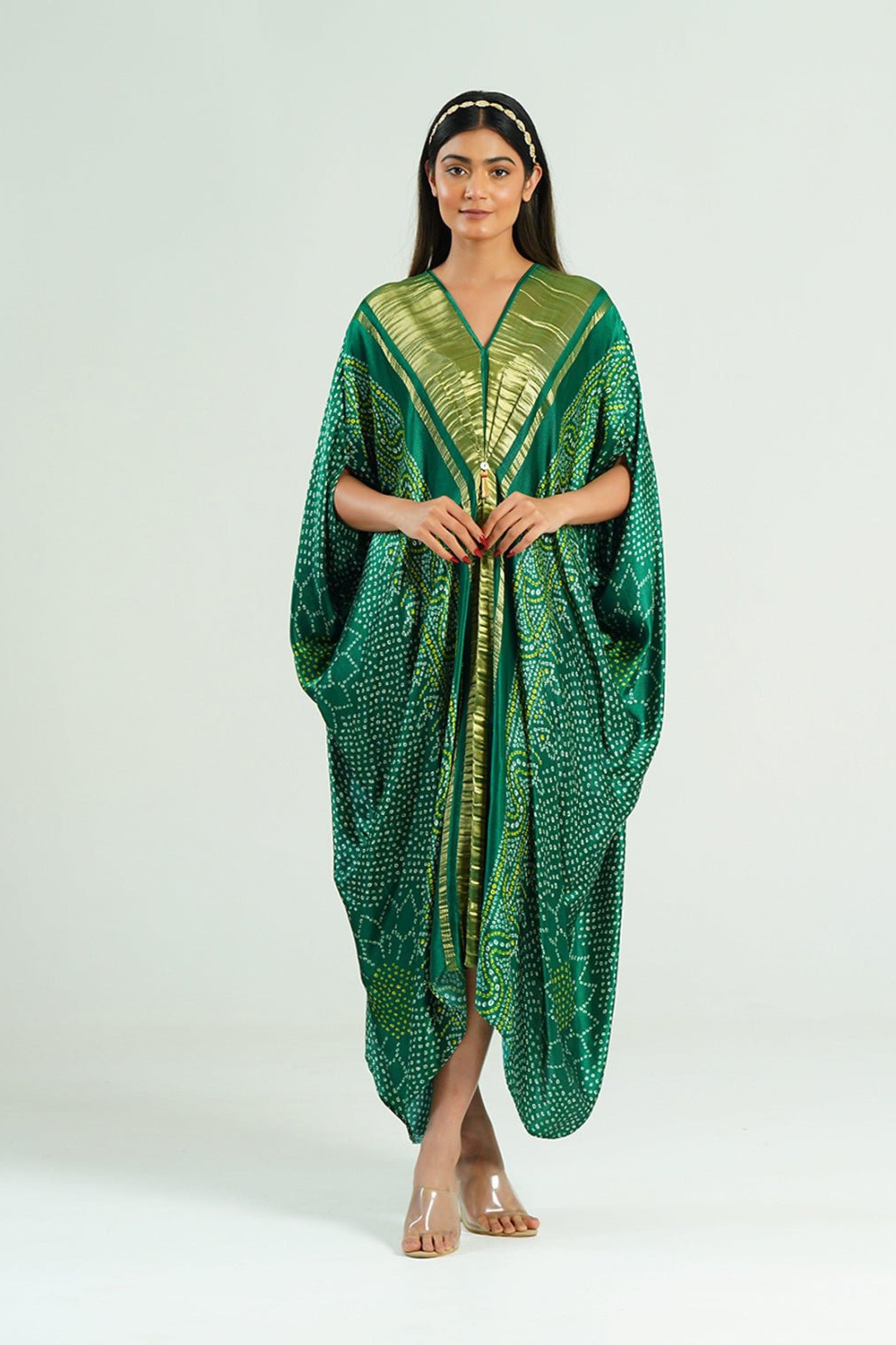 Kaftan Bandhej Emerald Green Gold