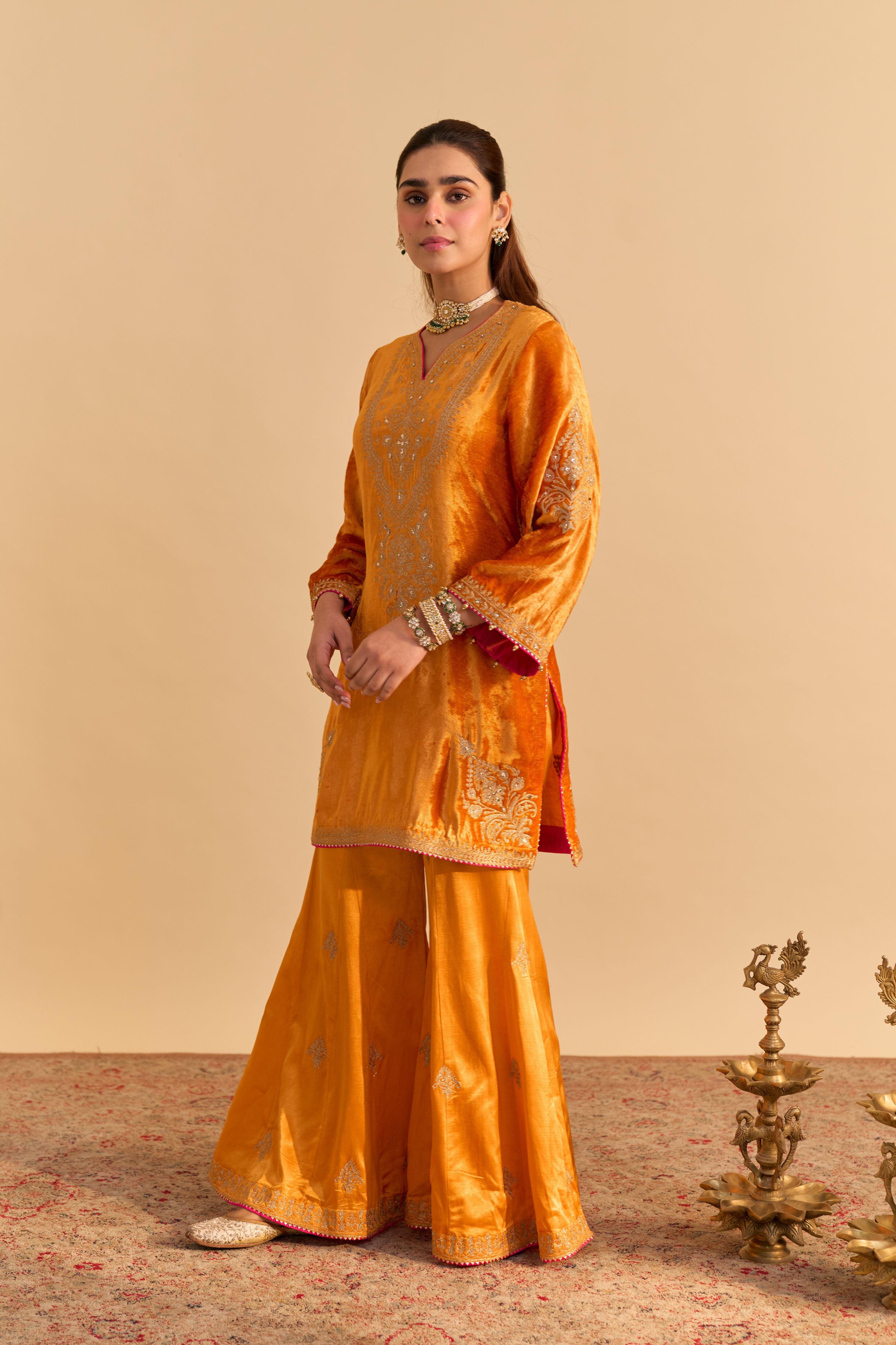 Aroob - Silk Velvet Heirloom Mustard Kurta With Sharara And Dupatta