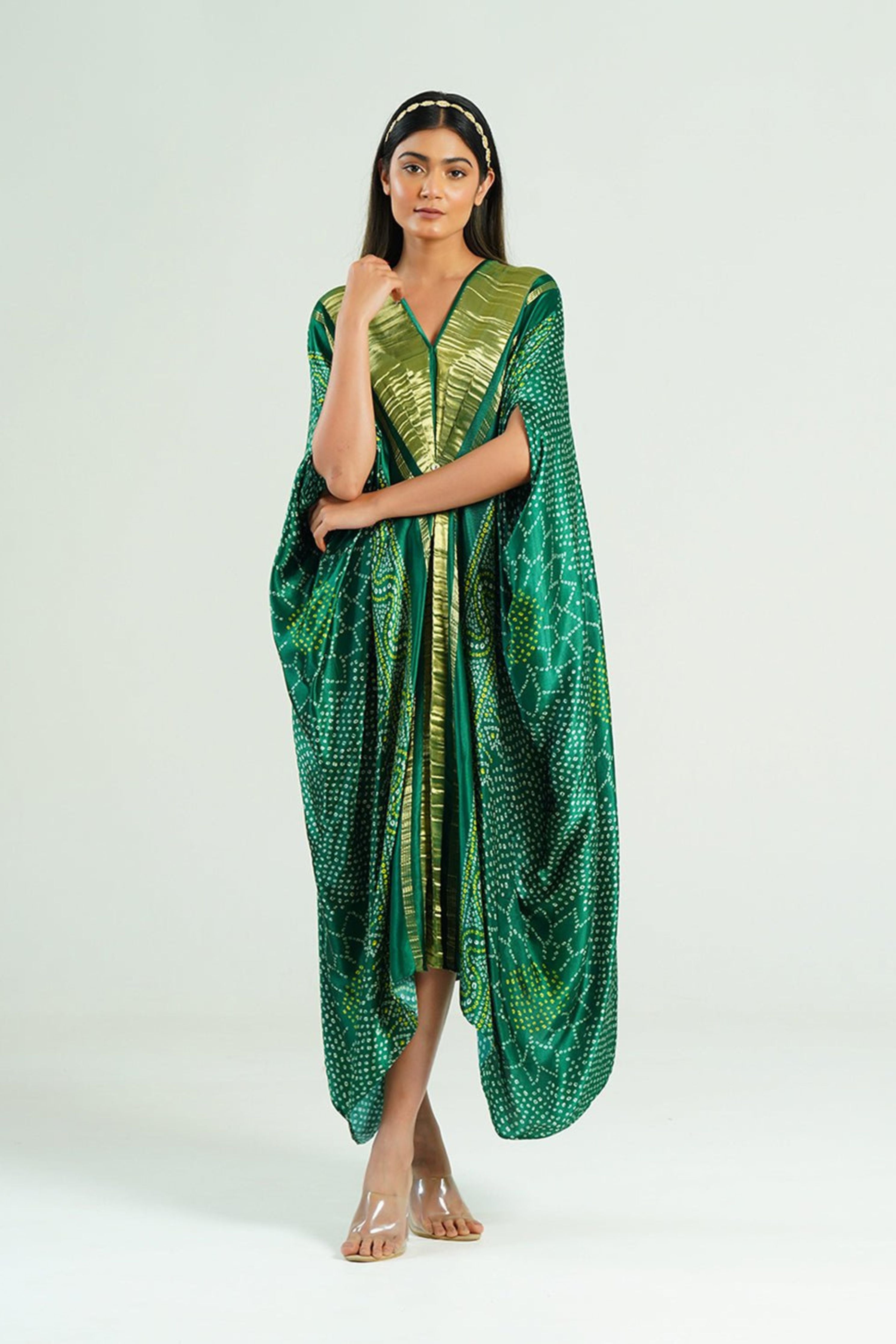 Kaftan Bandhej Emerald Green Gold