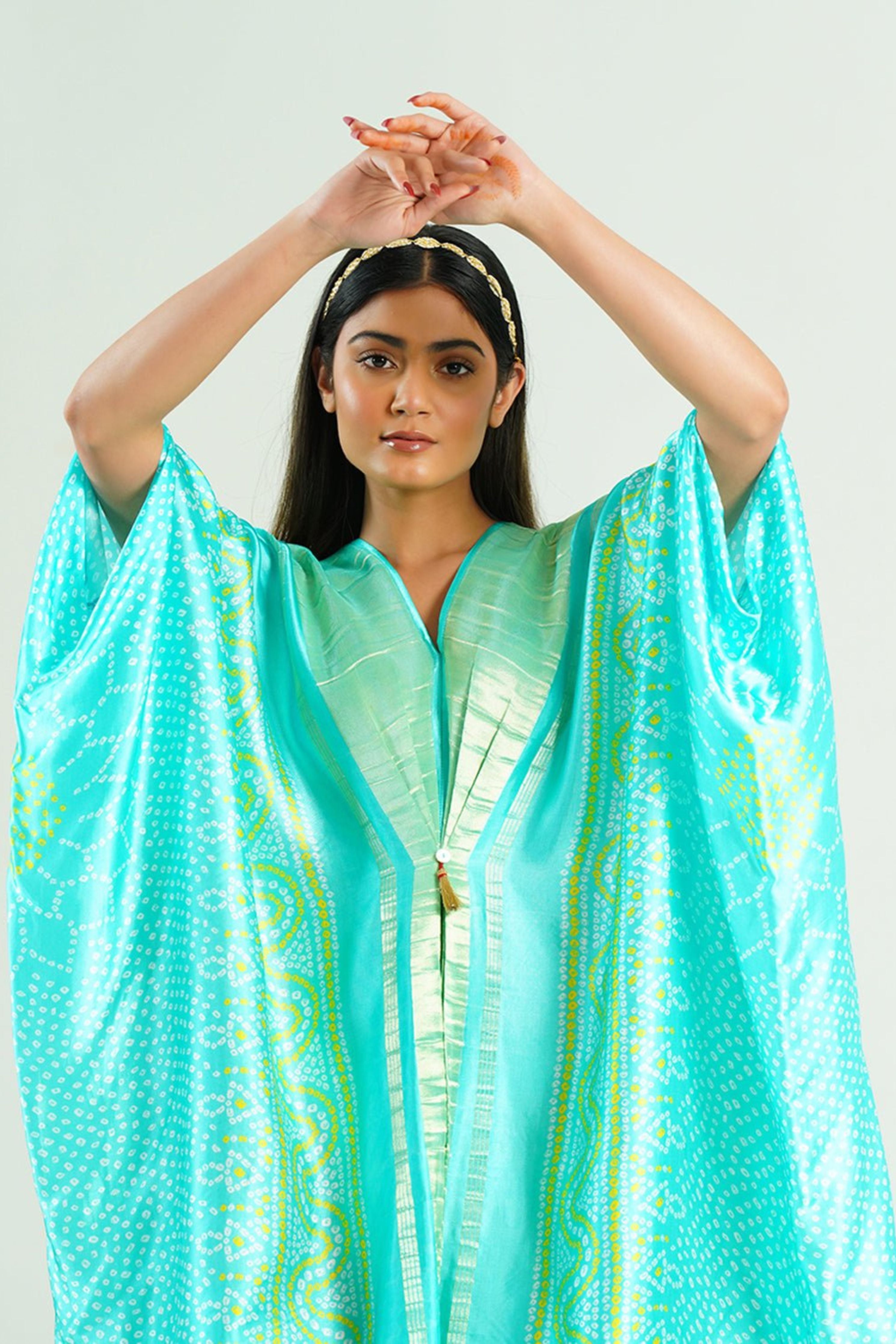 Bandhej Kaftan In Aquamarine & Gold
