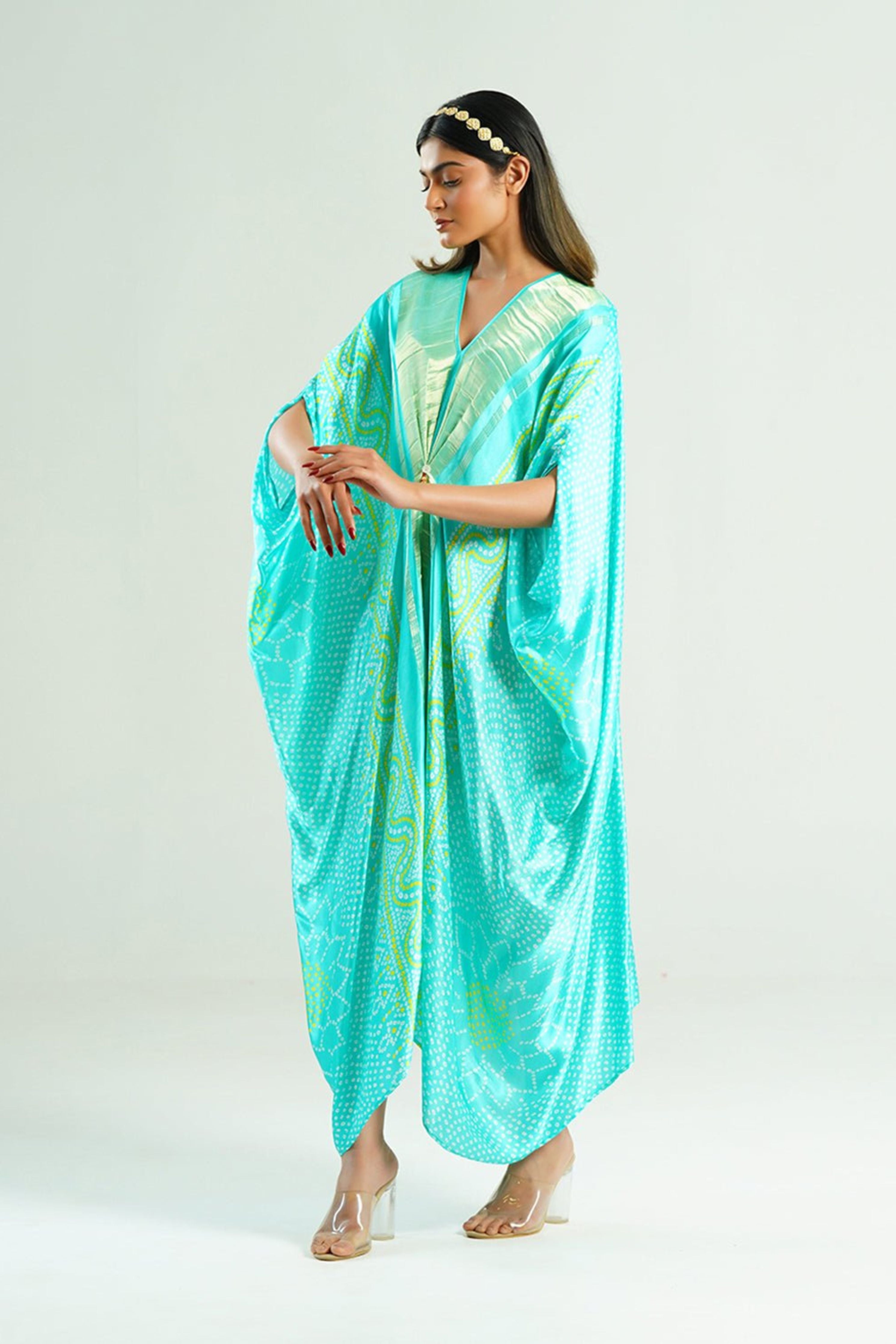Bandhej Kaftan In Aquamarine & Gold