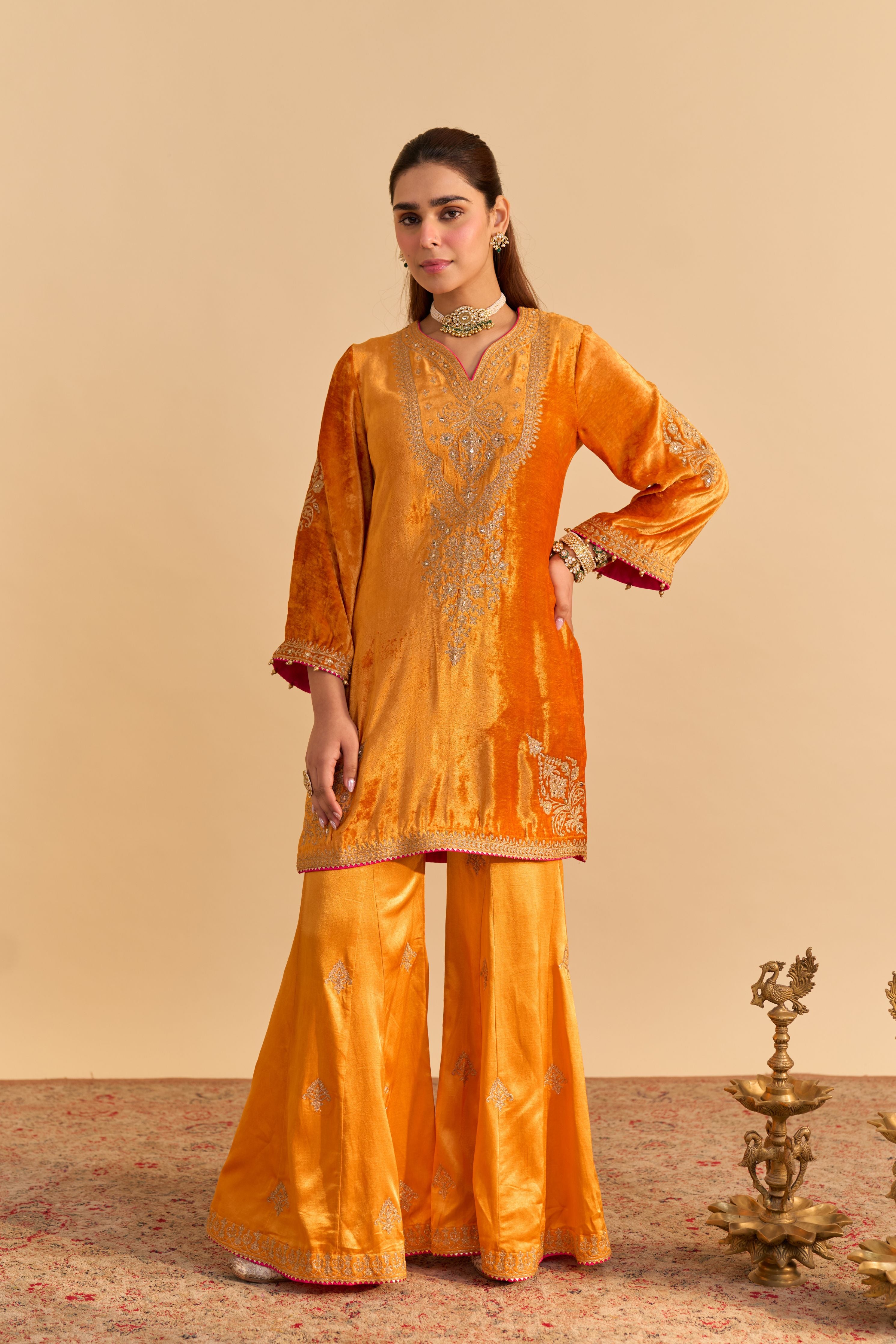 Aroob - Silk Velvet Heirloom Mustard Kurta With Sharara And Dupatta