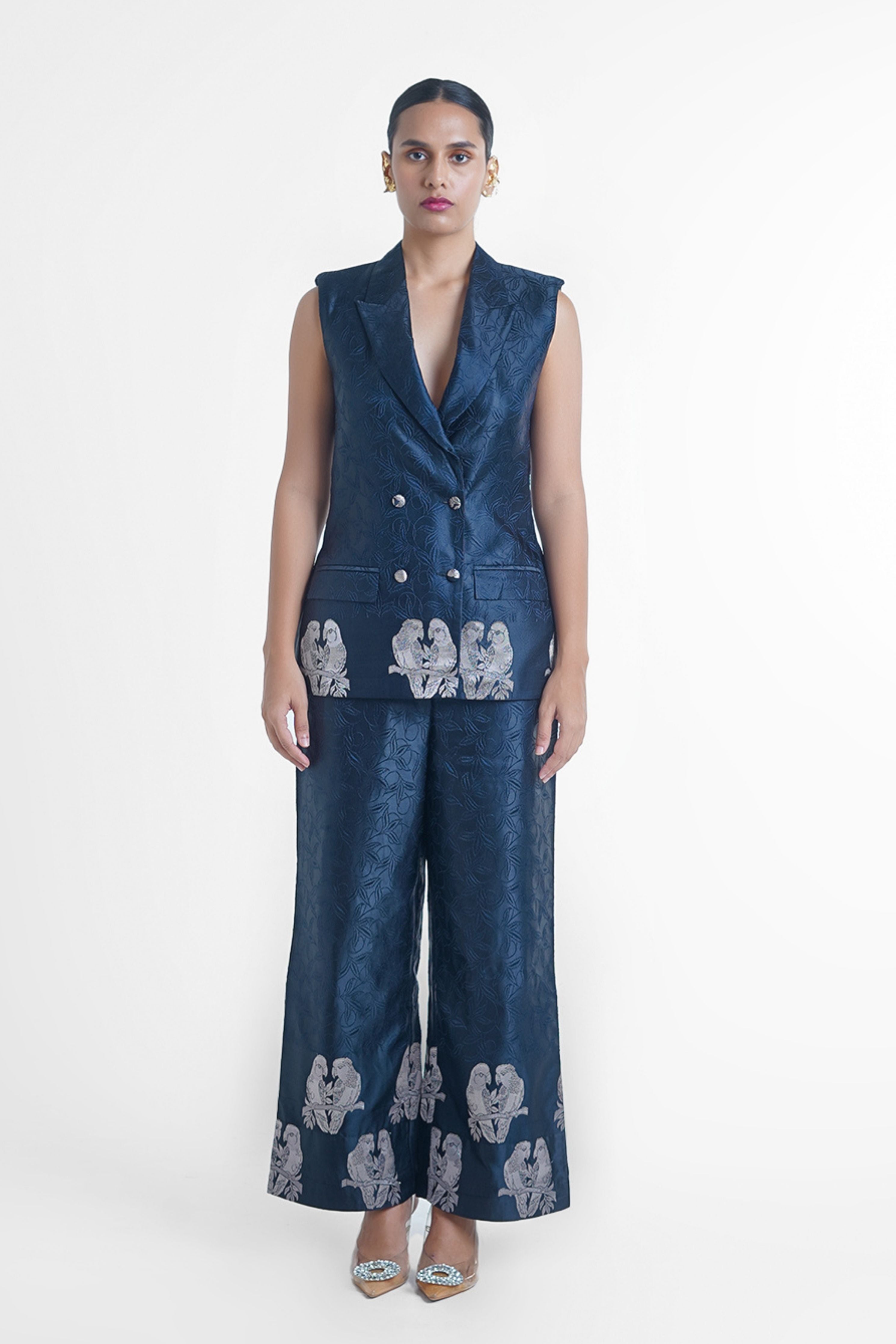 Black Parrot Silk Pantsuit
