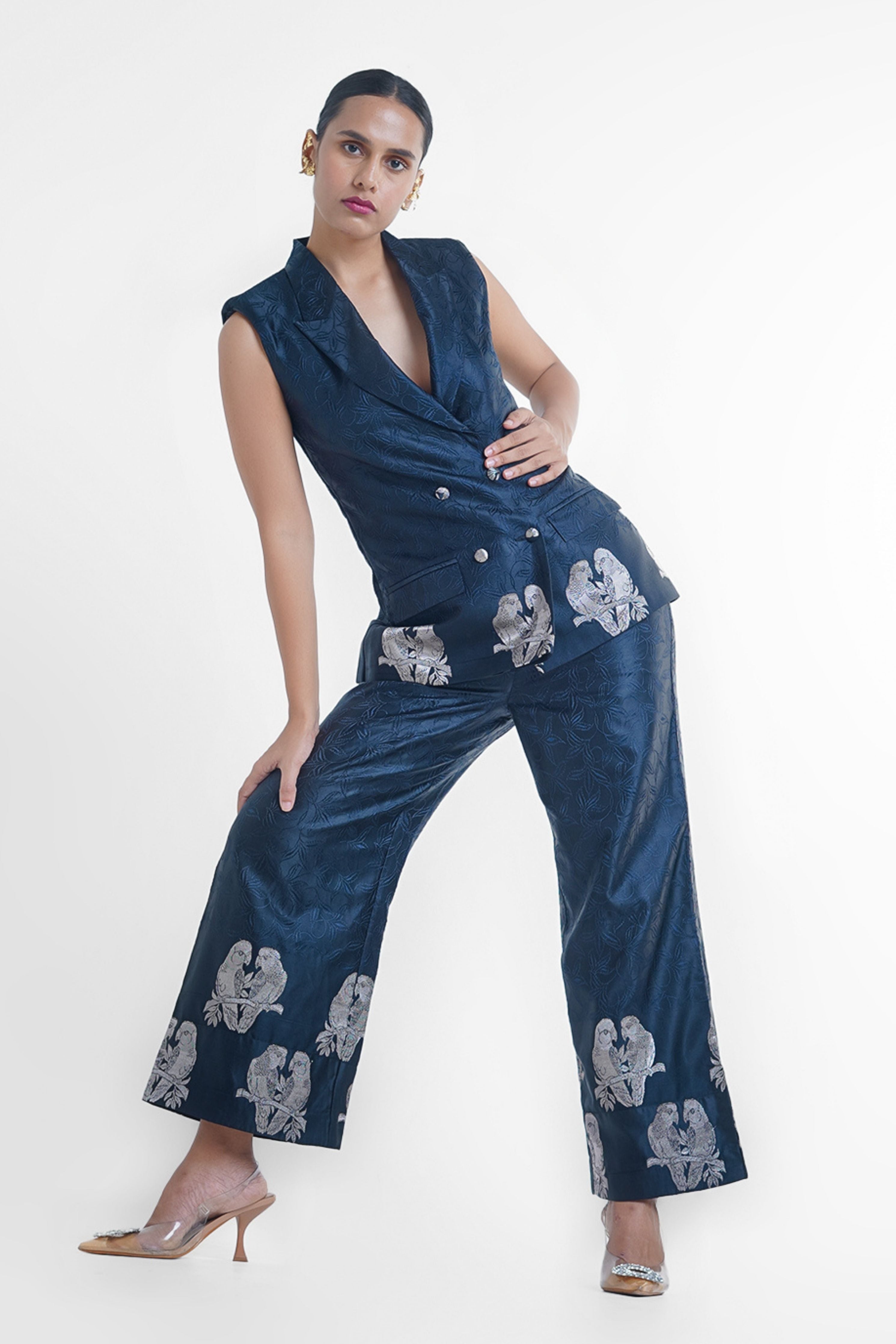 Black Parrot Silk Pantsuit