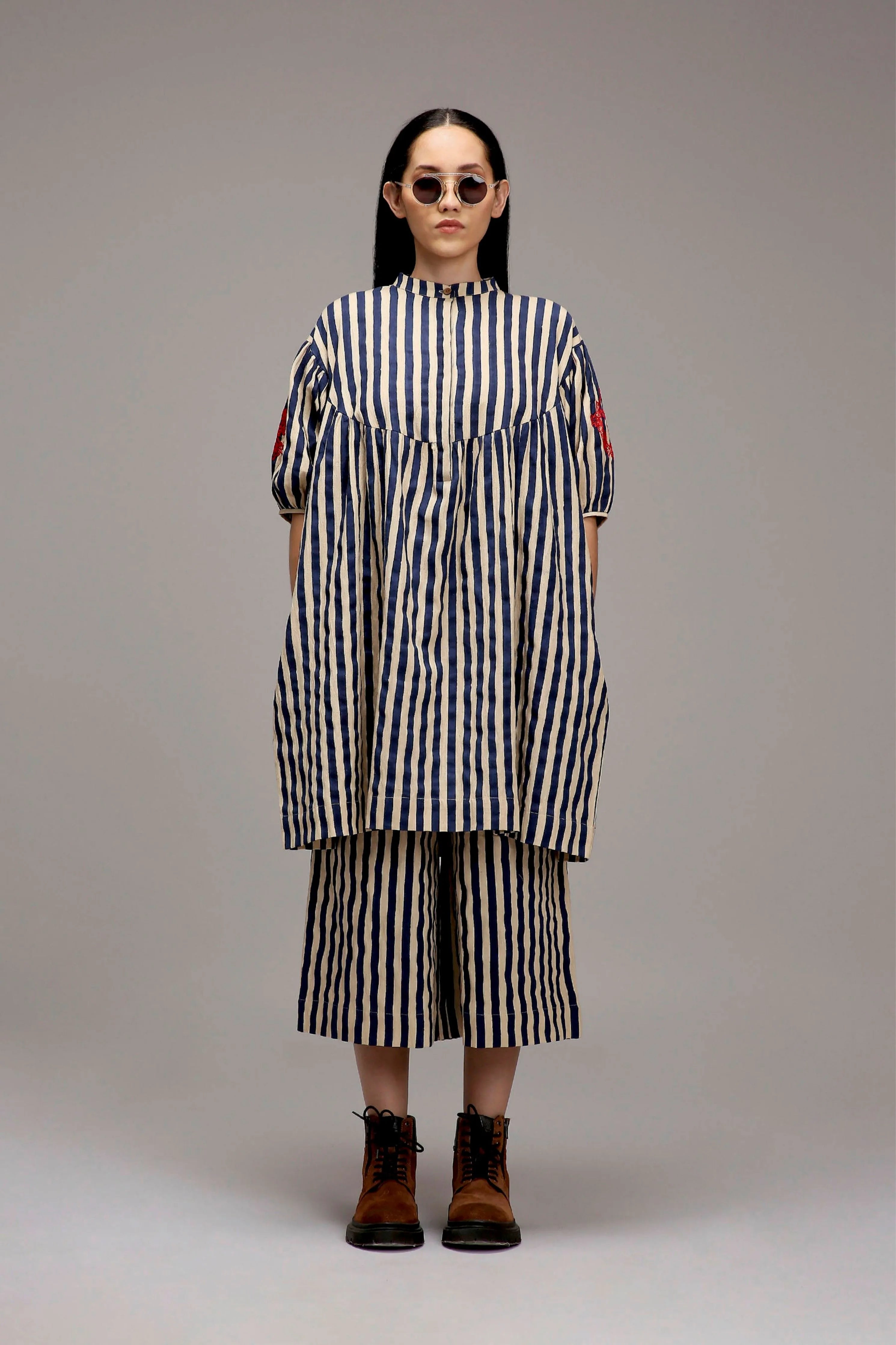 Egg-Shell Blue Striped Short Acra Tunic Set