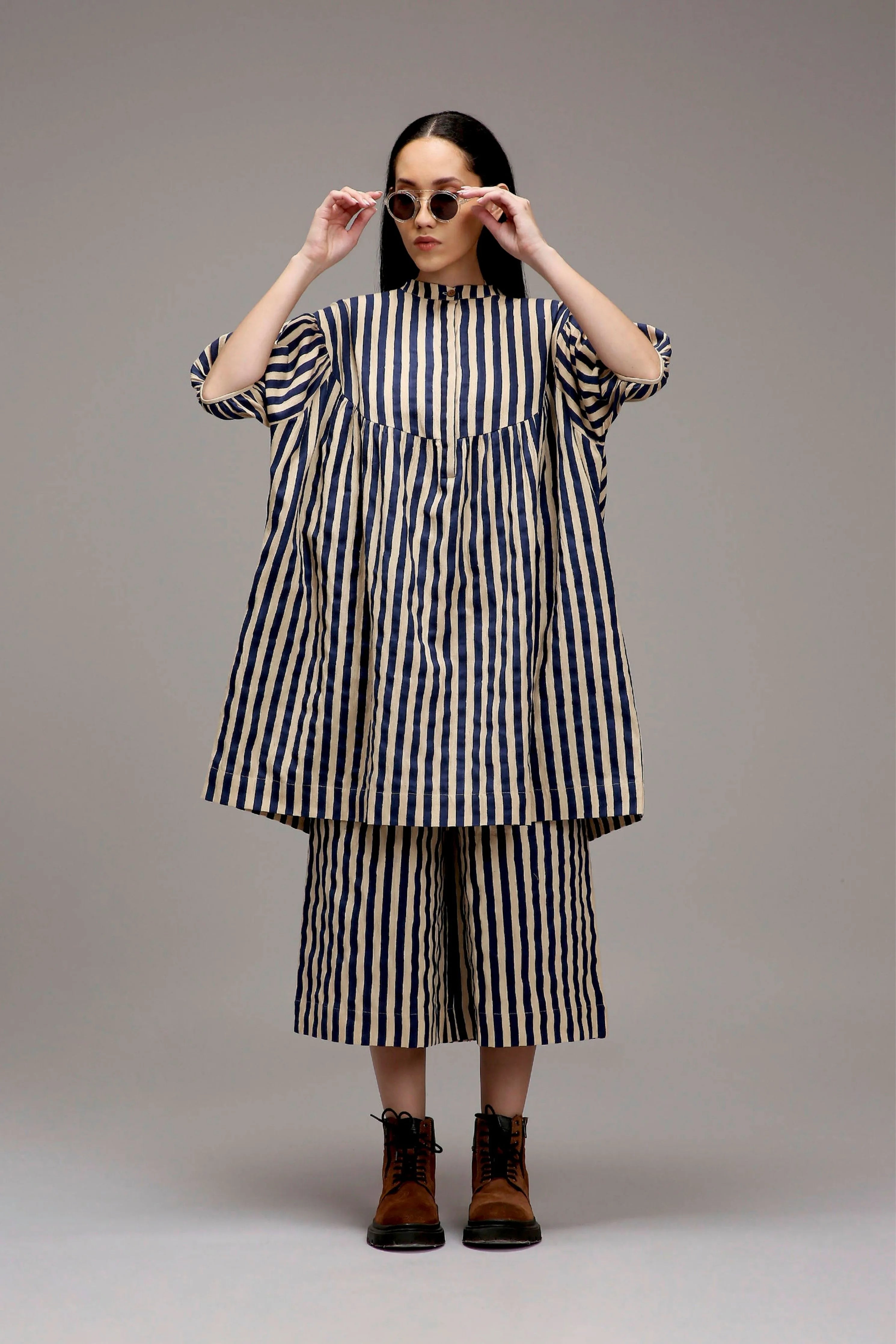 Egg-Shell Blue Striped Short Acra Tunic Set