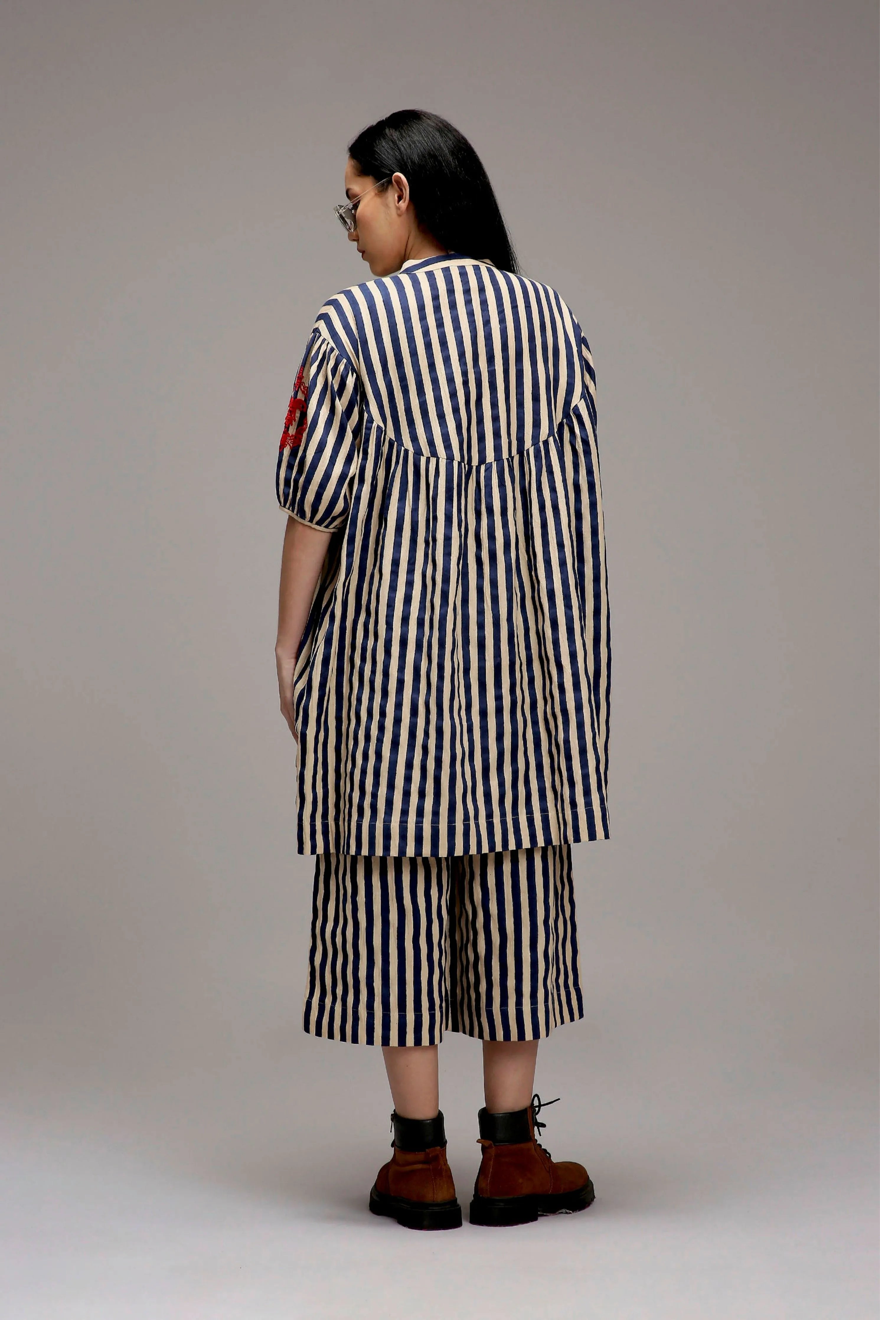 Egg-Shell Blue Striped Short Acra Tunic Set