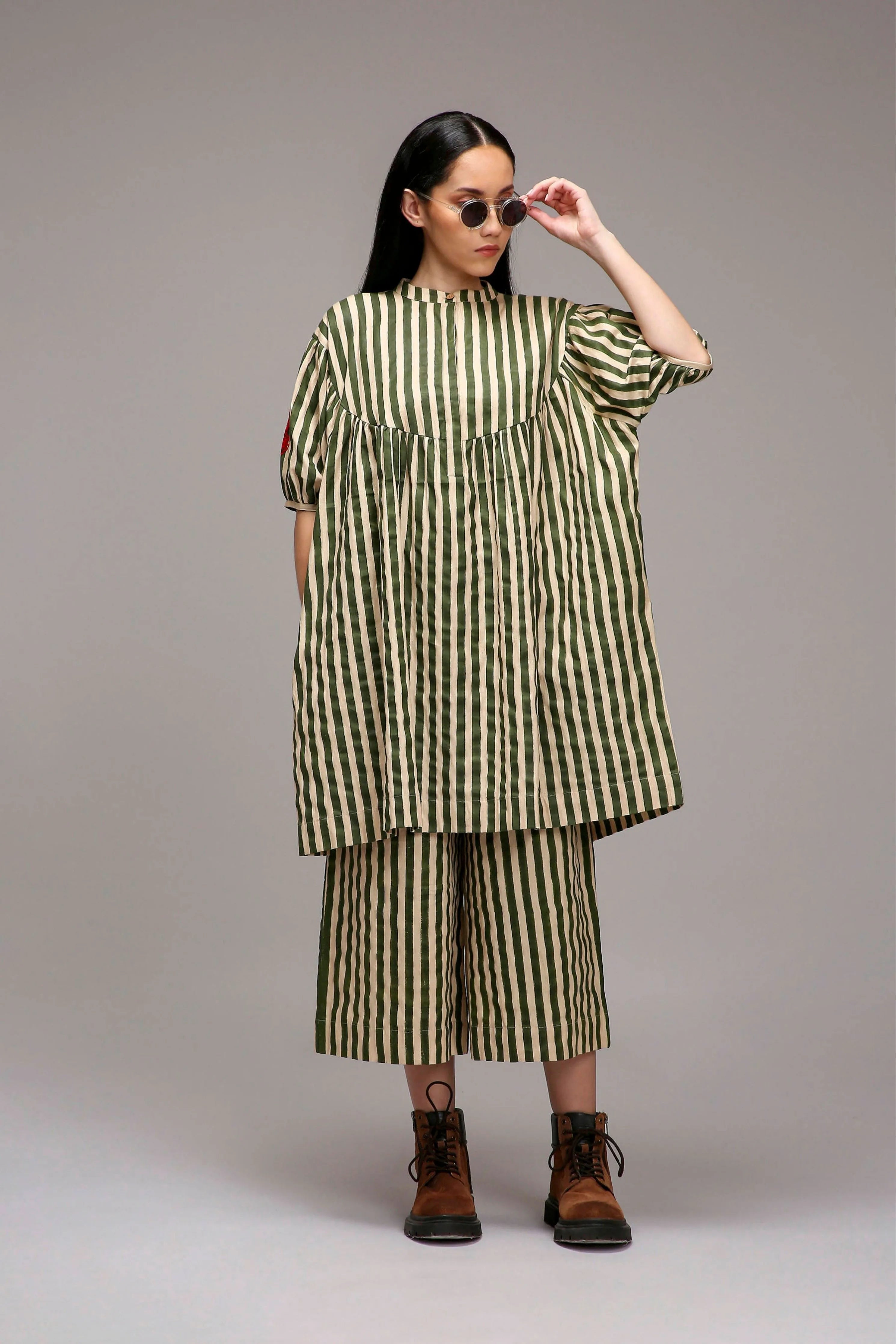 Egg-Shell Green Striped Short Acra Tunic Set