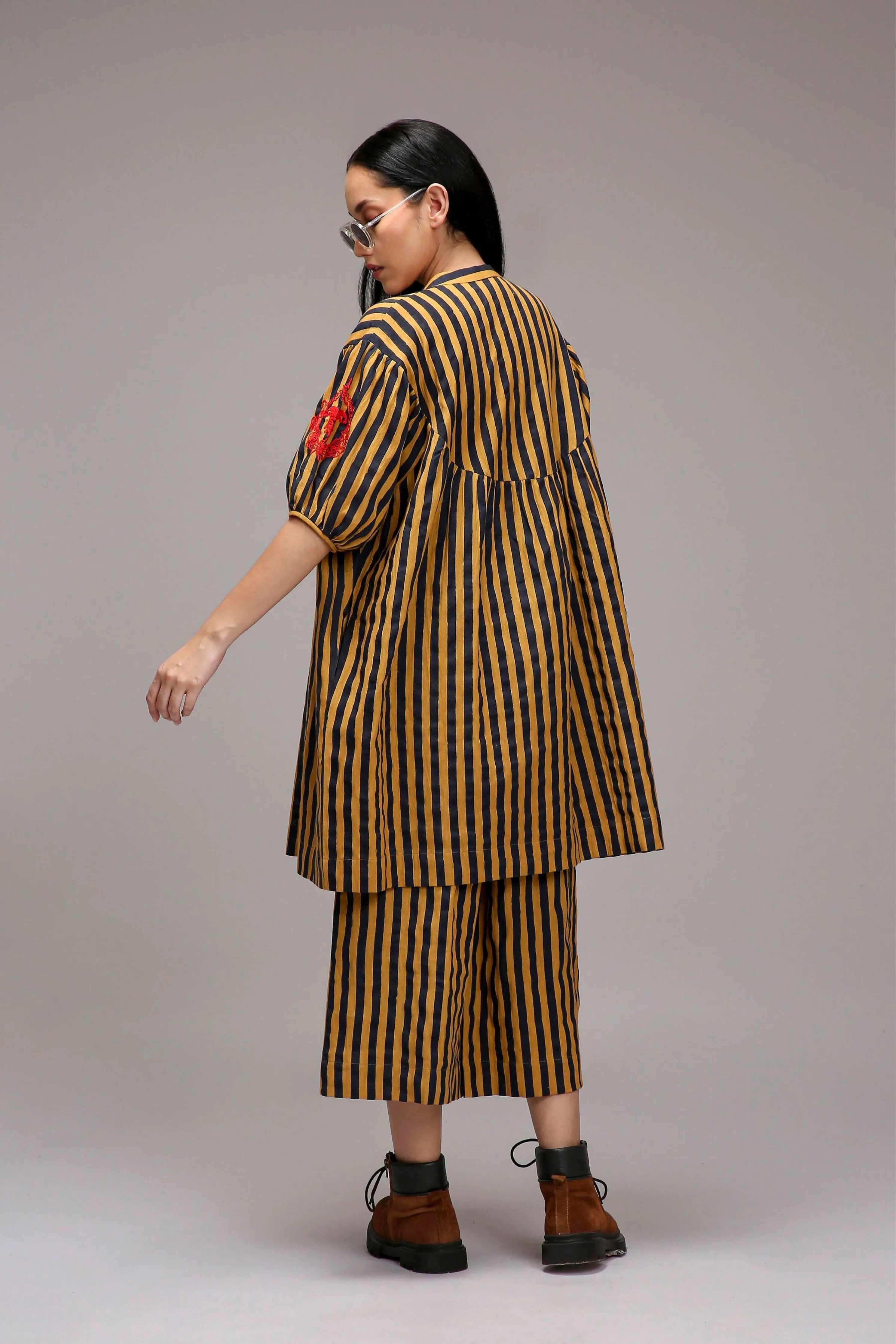 Tan-Brown Blue Striped Short Acra Tunic Set