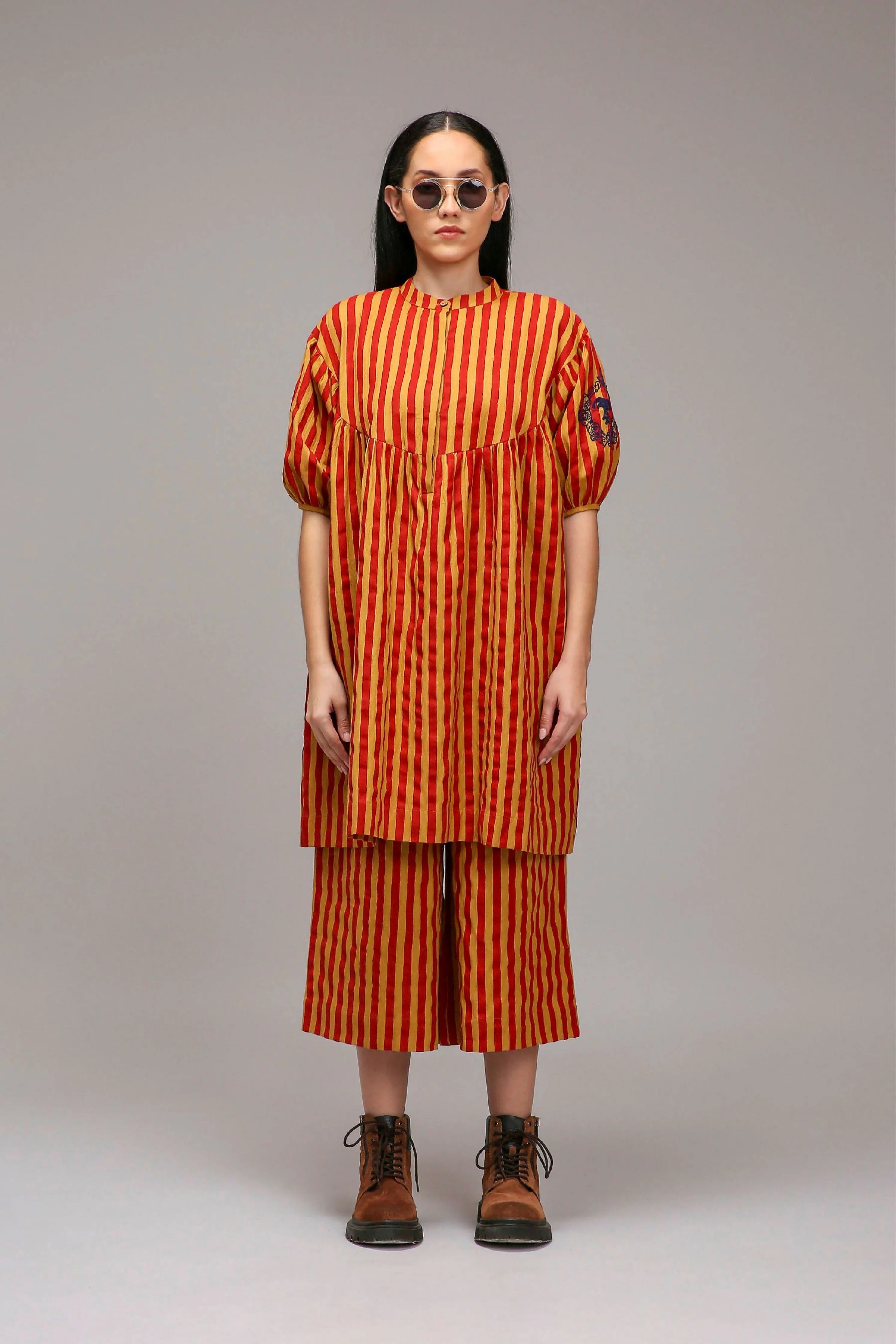Tan-Brown Red Striped Short Acra Tunic Set