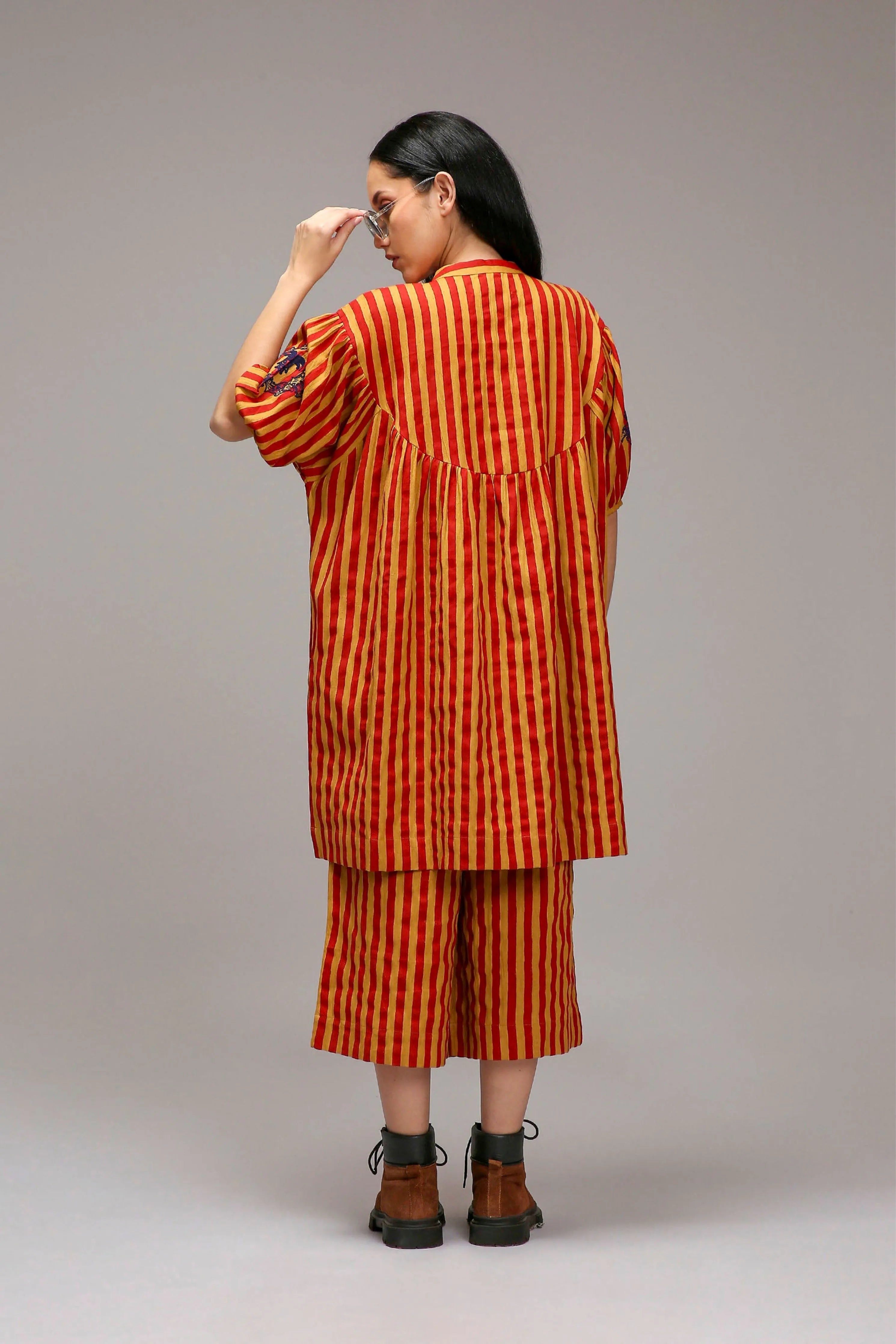 Tan-Brown Red Striped Short Acra Tunic Set