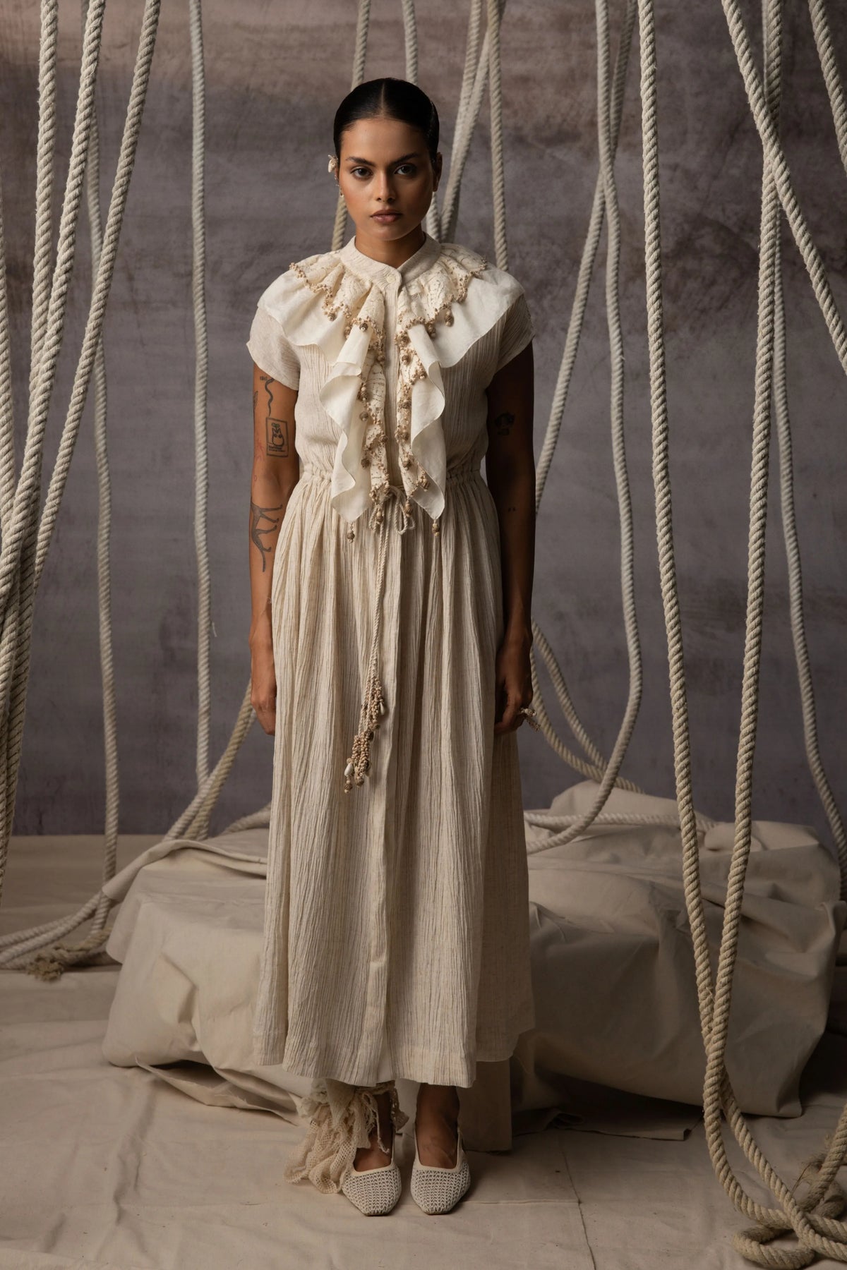 Ivory Flounce Crushed Drawstring Dress
