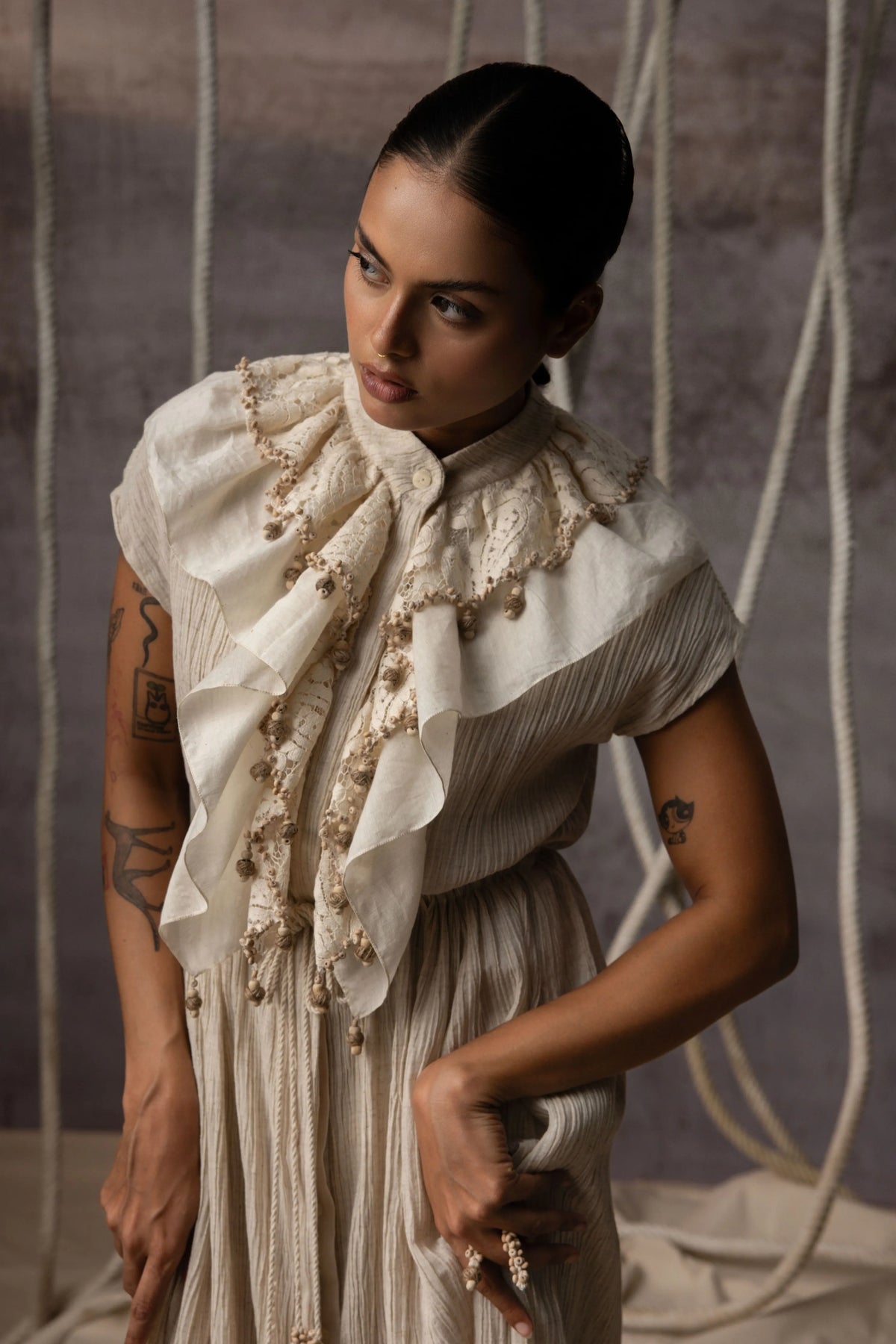 Ivory Flounce Crushed Drawstring Dress