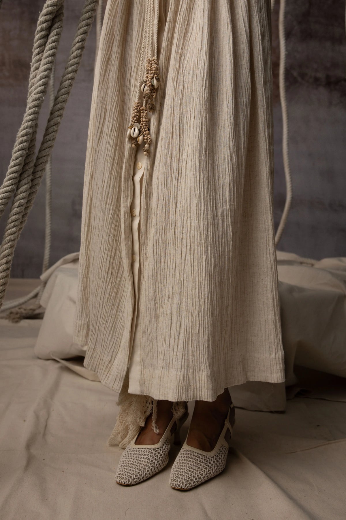 Ivory Flounce Crushed Drawstring Dress