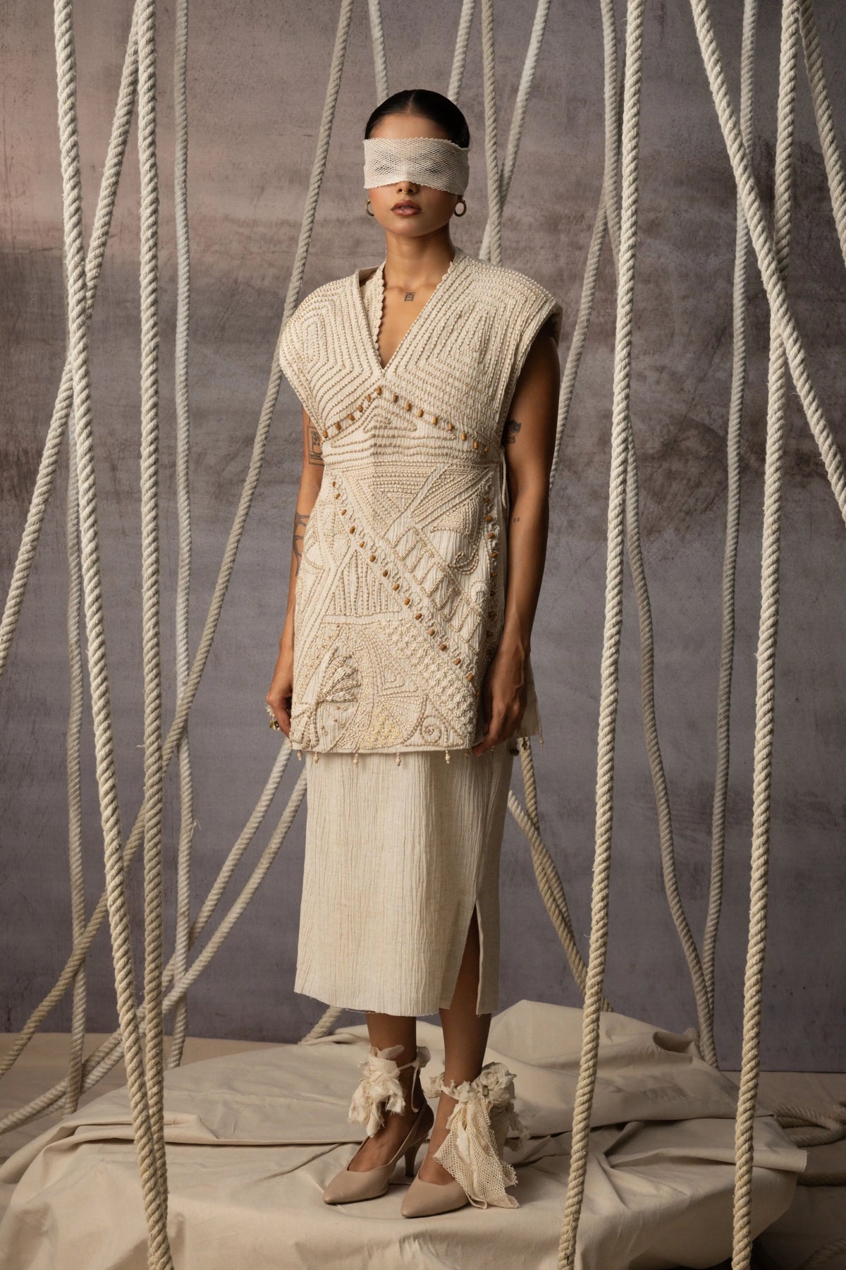 Ivory Embroidered Side-Tie Bib Co-Ord Set