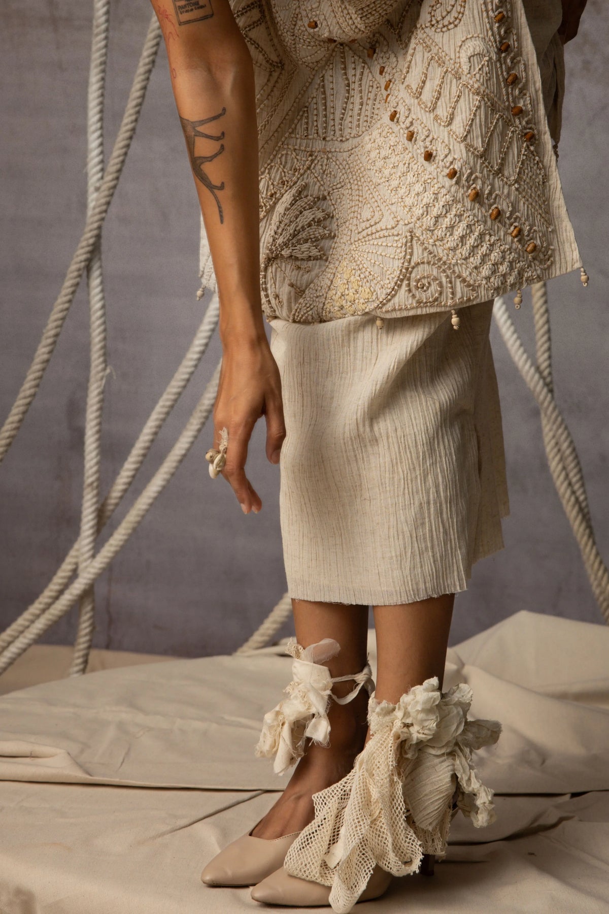 Ivory Embroidered Side-Tie Bib Co-Ord Set
